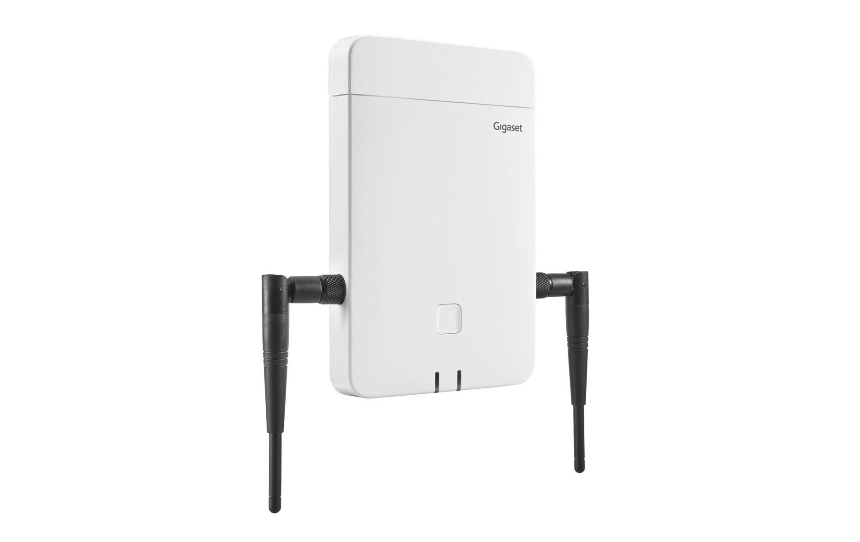 Un dispositivo Gigaset bianco con due antenne nere, su sfondo bianco.