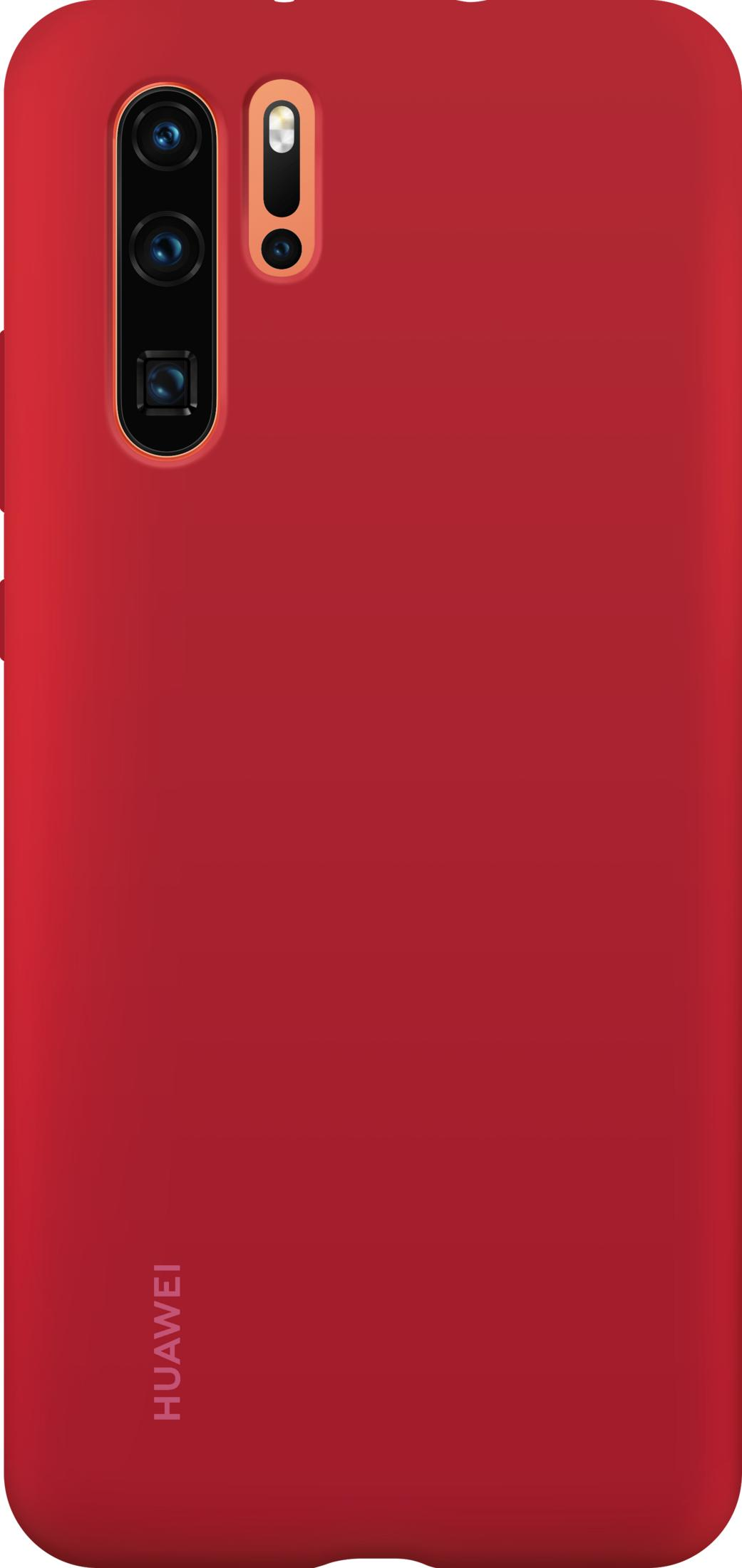 Cover rossa per telefono con tripla fotocamera e flash. Logo Huawei in basso.