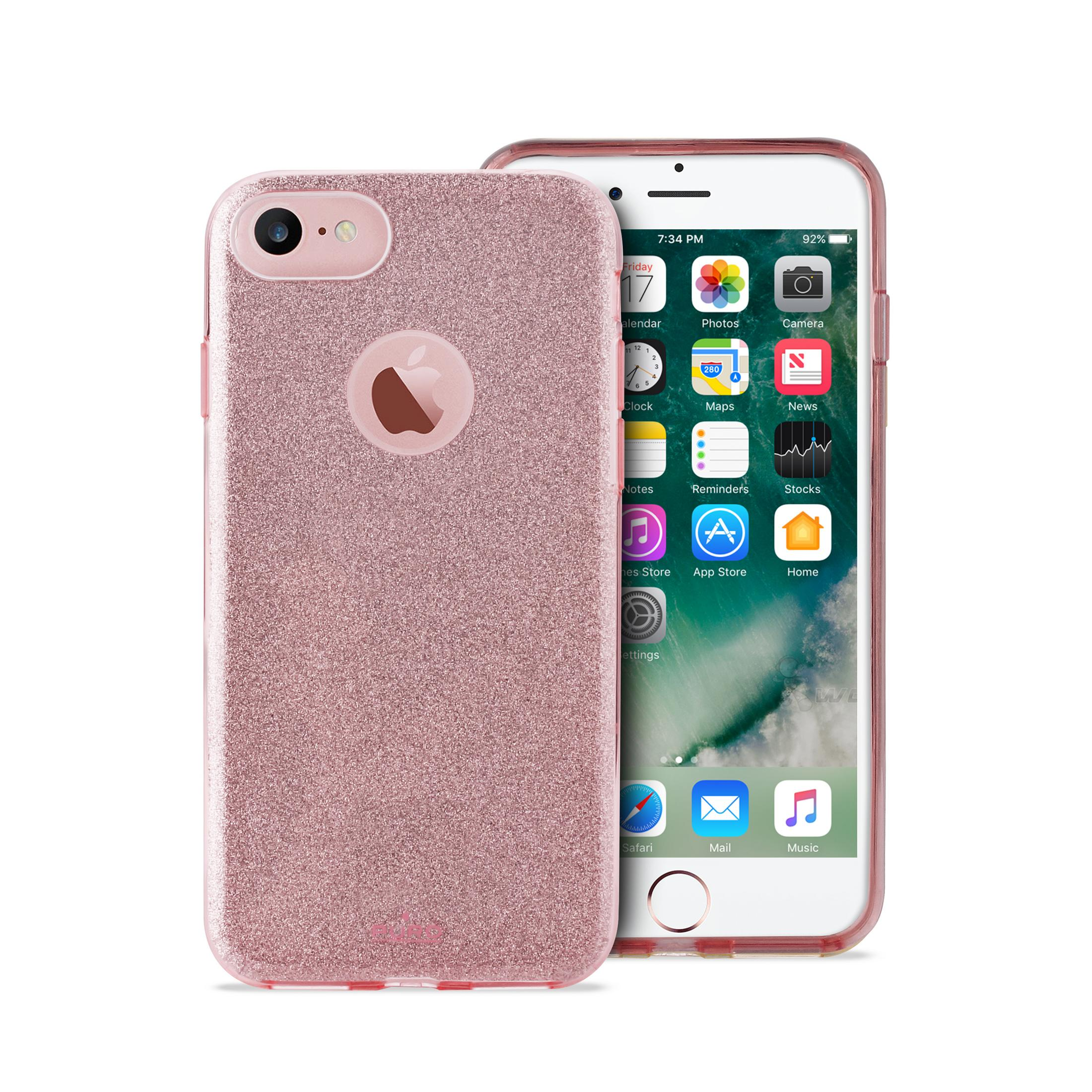 Un iPhone oro rosa con cover glitter giace accanto a un telefono sullo schermo.