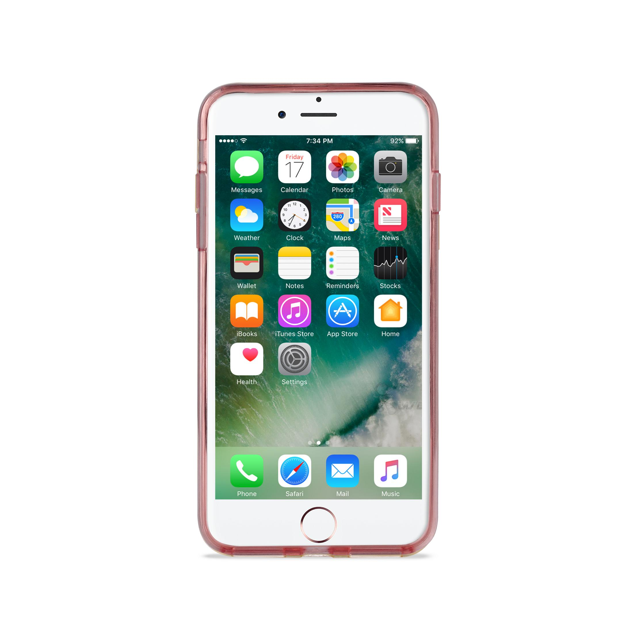 Un iPhone con custodia oro rosa mostra la schermata principale con varie icone di app.