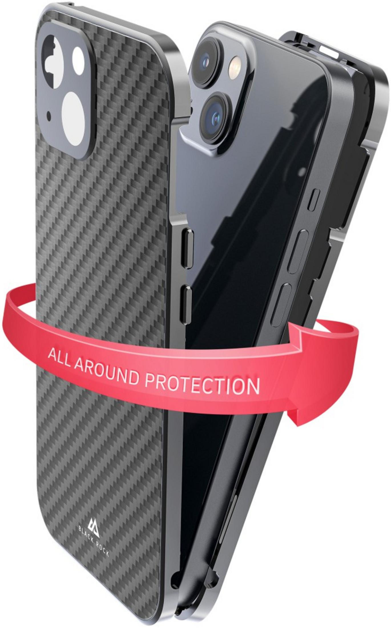 Custodia nera in carbonio per telefono con nastro rosso e testo 'ALL AROUND PROTECTION'.