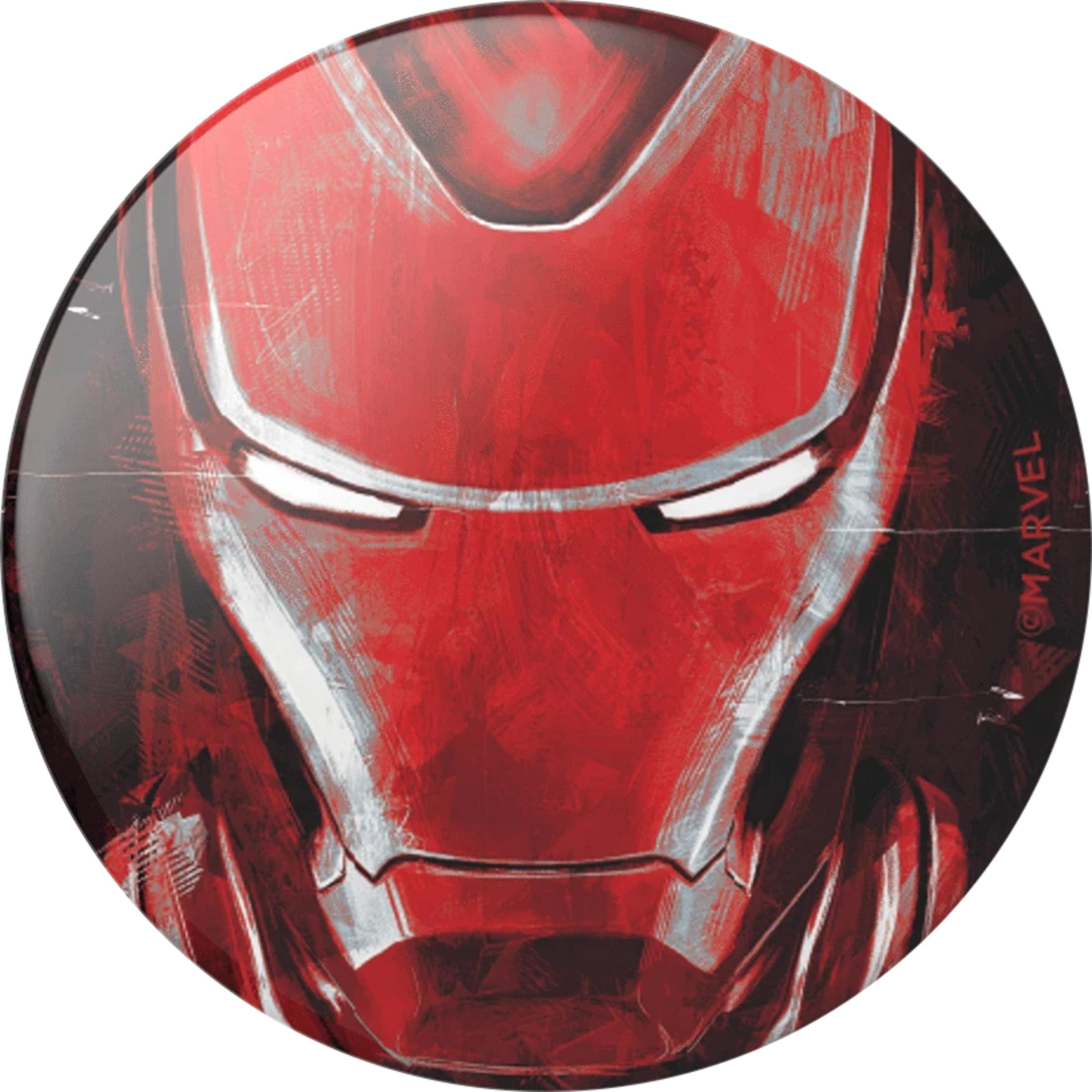Rotes und silbernes Iron Man Helm-Design mit dramatischem Pinselstrich-Effekt.