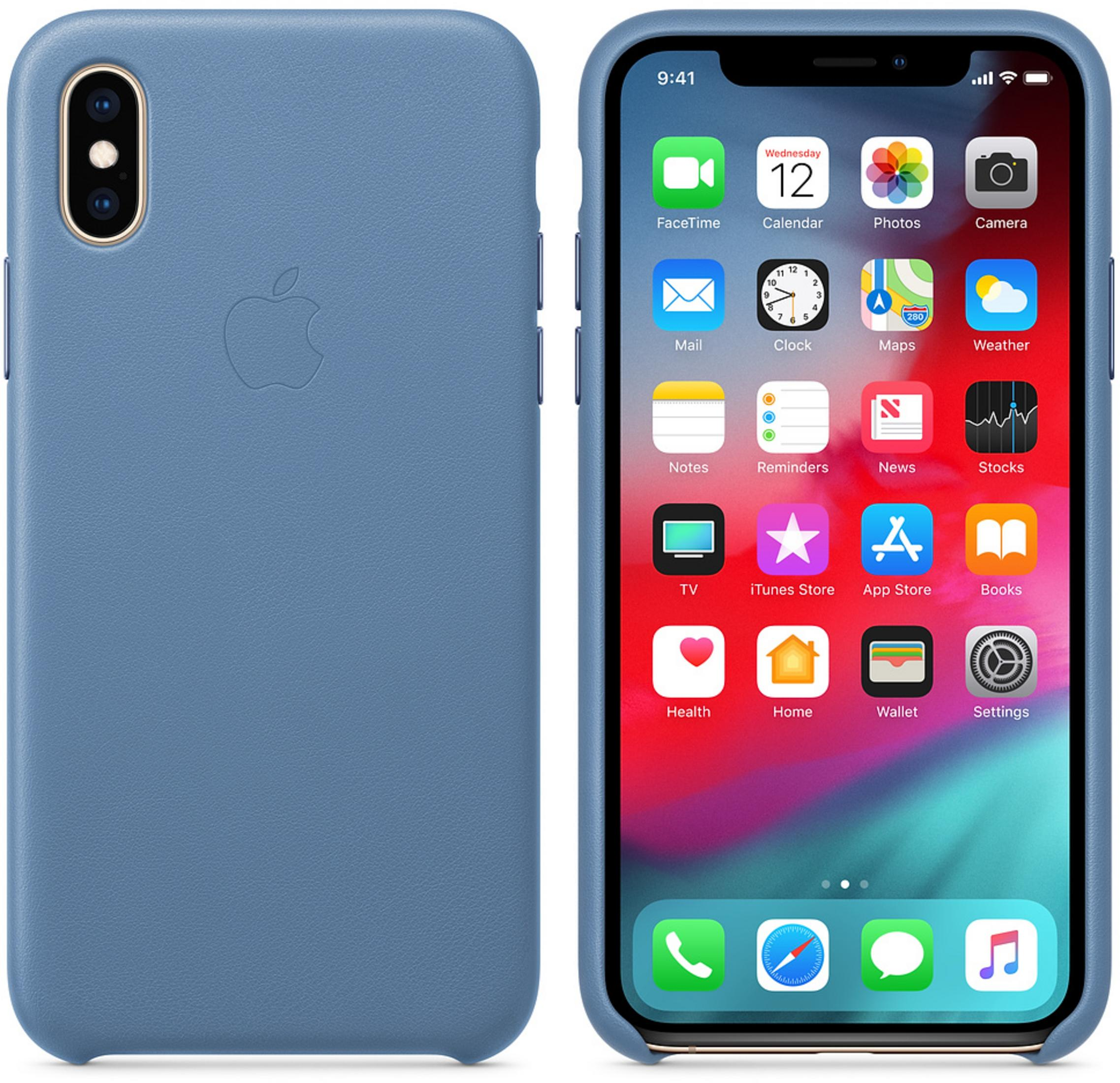 Un iPhone blu in una custodia con varie icone di app.