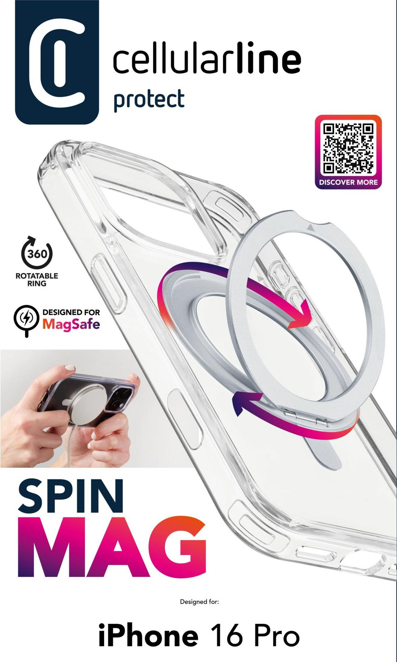 Coque transparente pour iPhone 16 Pro avec anneau MagSafe rotatif. Logo 'SPIN MAG'.