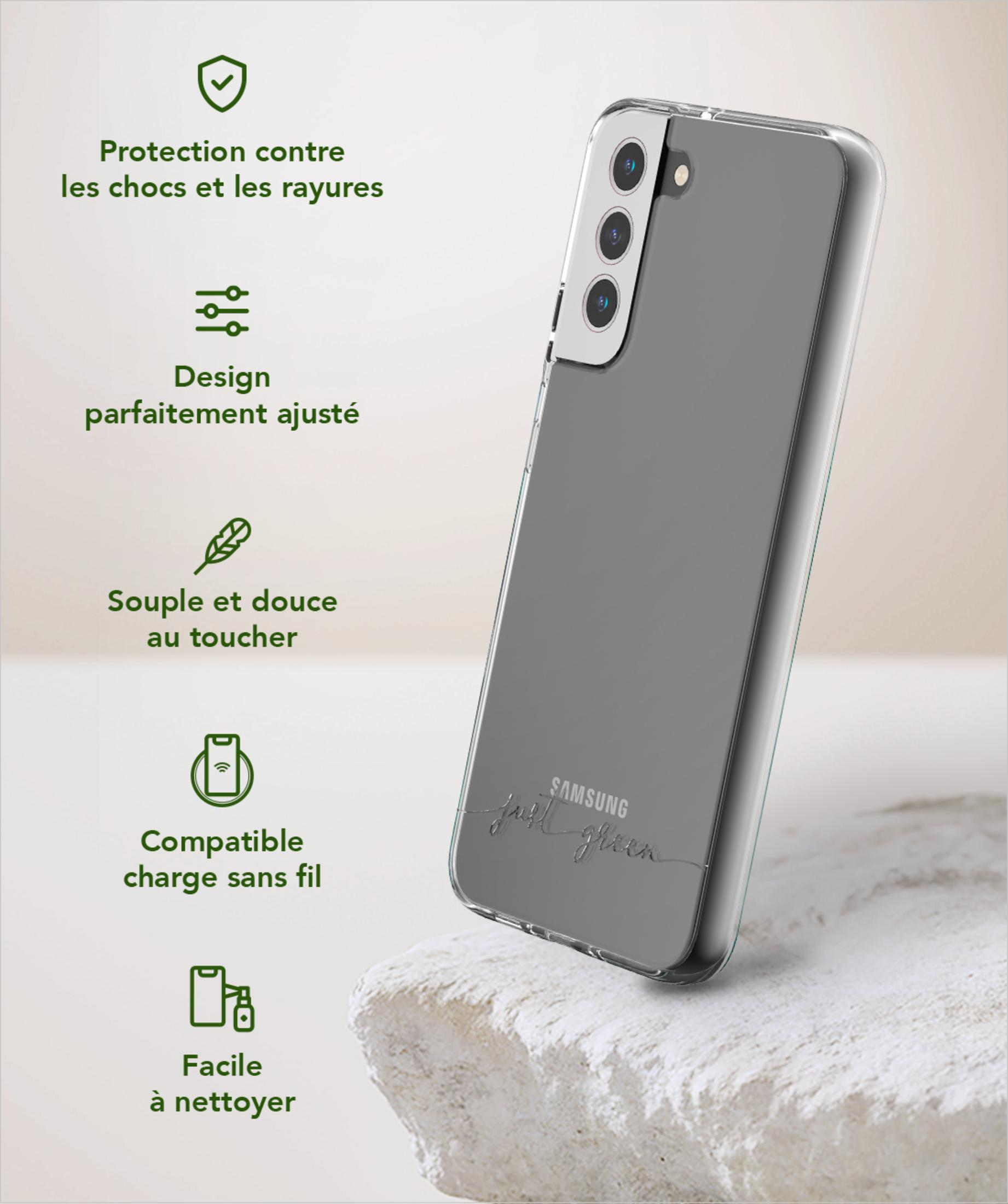Transparente Handyhülle mit Kamera-Setup und Samsung-Logo auf Stein.