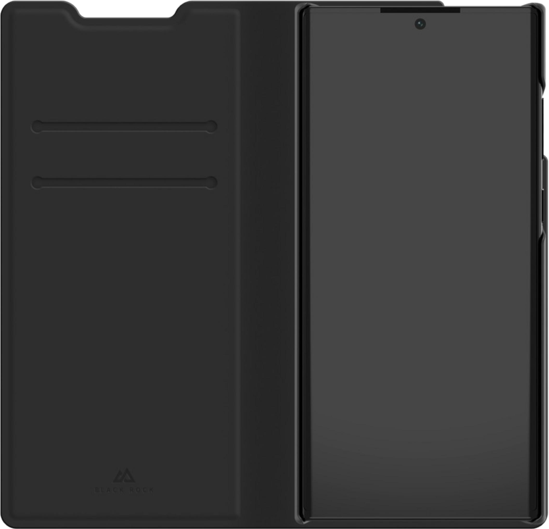 Custodia a libro nera per smartphone con due slot per carte.