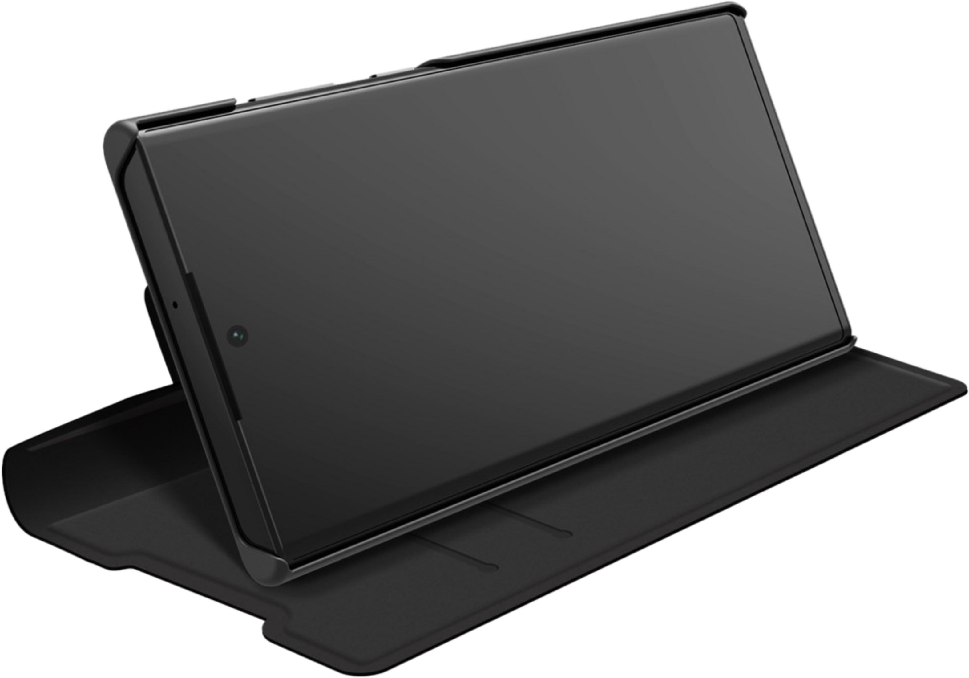 Supporto nero per tablet con tablet, isolato su sfondo bianco.