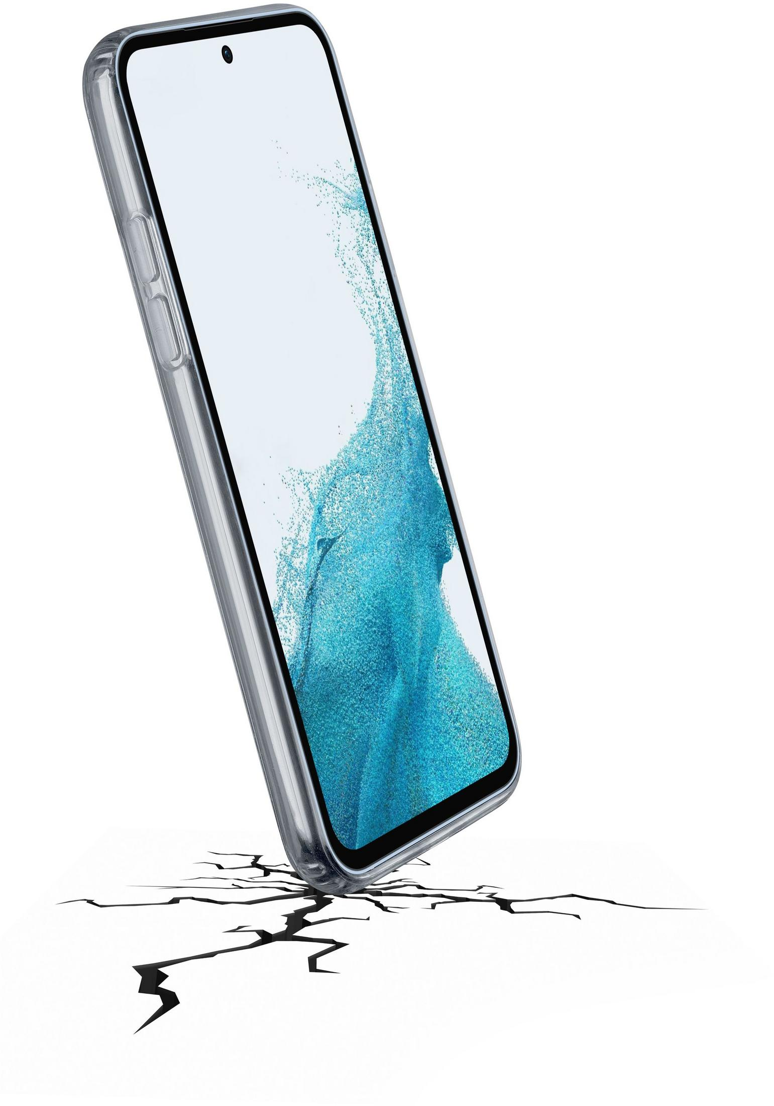 Ein durchsichtiges Handy mit blauem Muster fällt auf weiße Fläche.