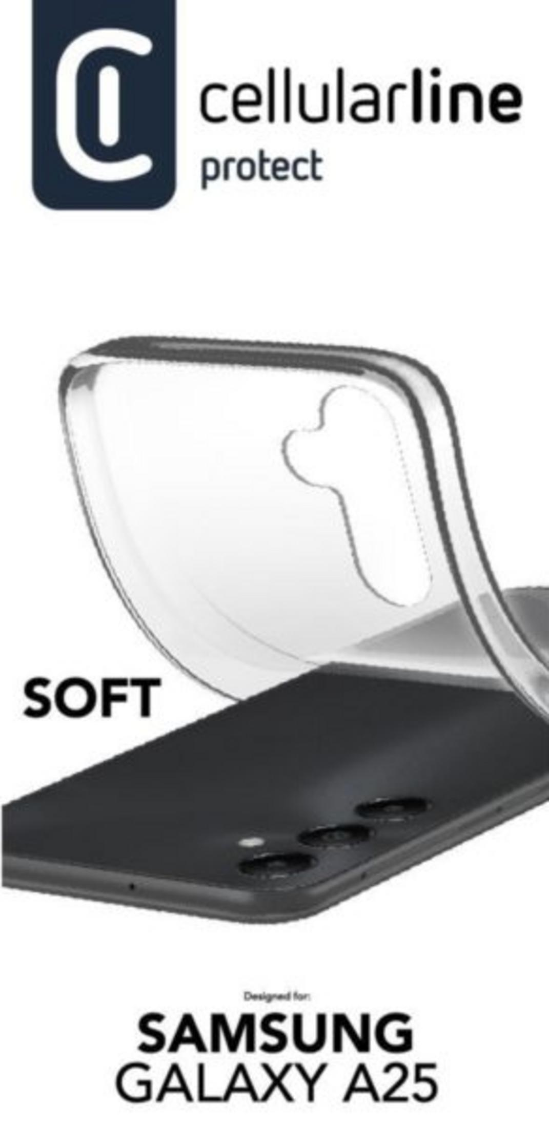 Custodia trasparente per telefono inserita in un Samsung Galaxy A25 nero.