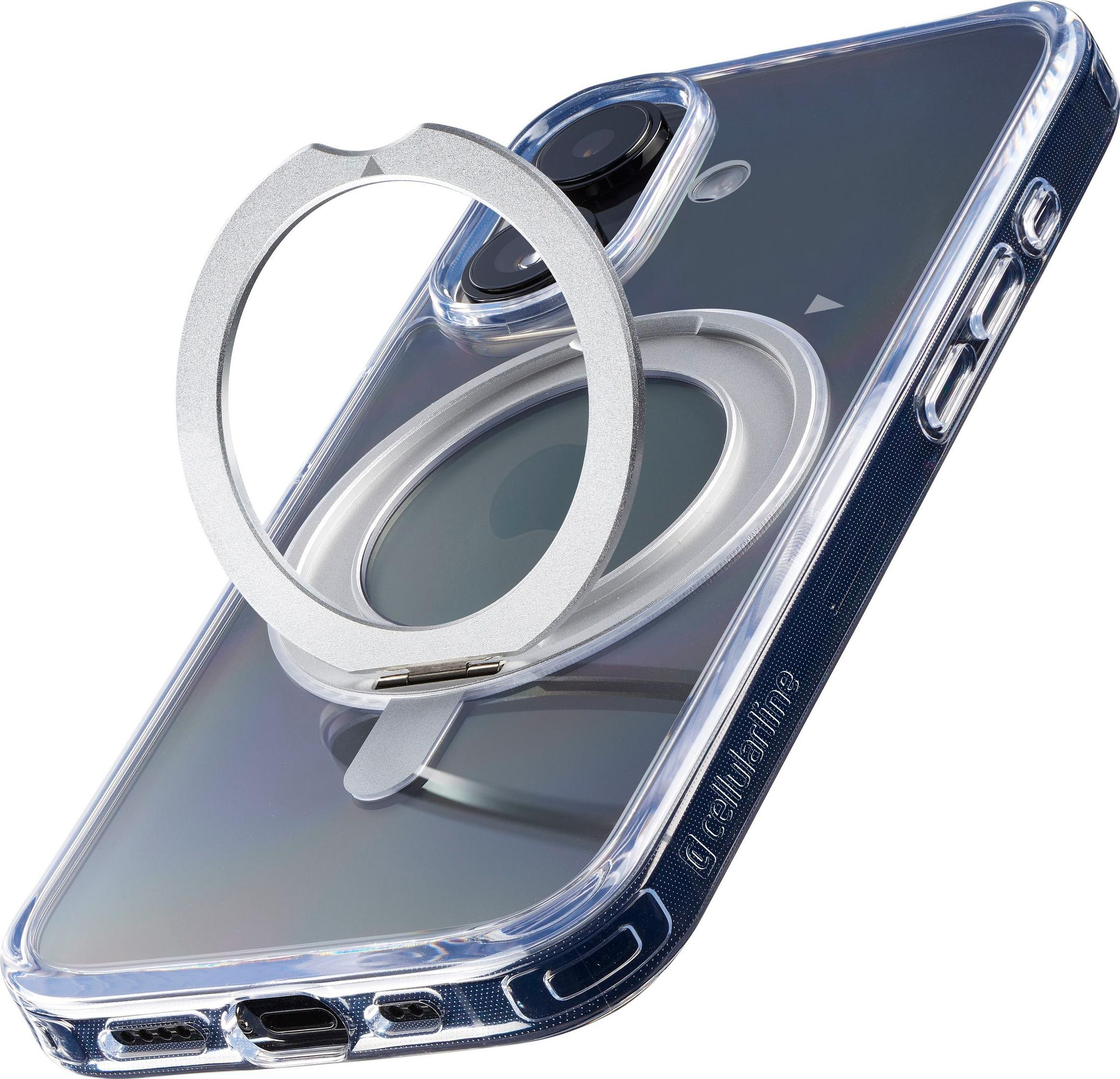 Coque de téléphone transparente avec anneau argenté au dos.