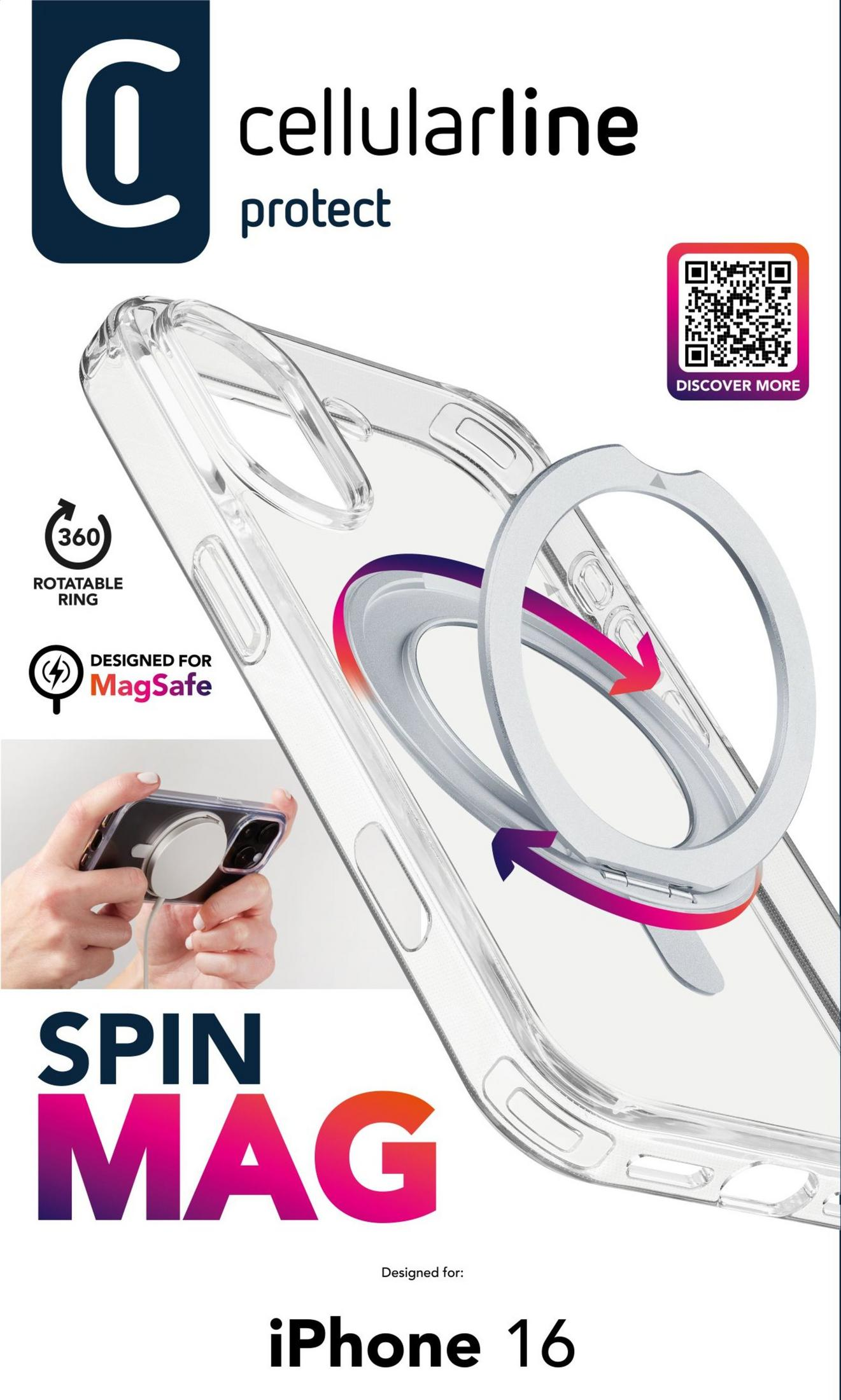 Coque transparente iPhone 16 avec anneau rotatif et compatibilité MagSafe.