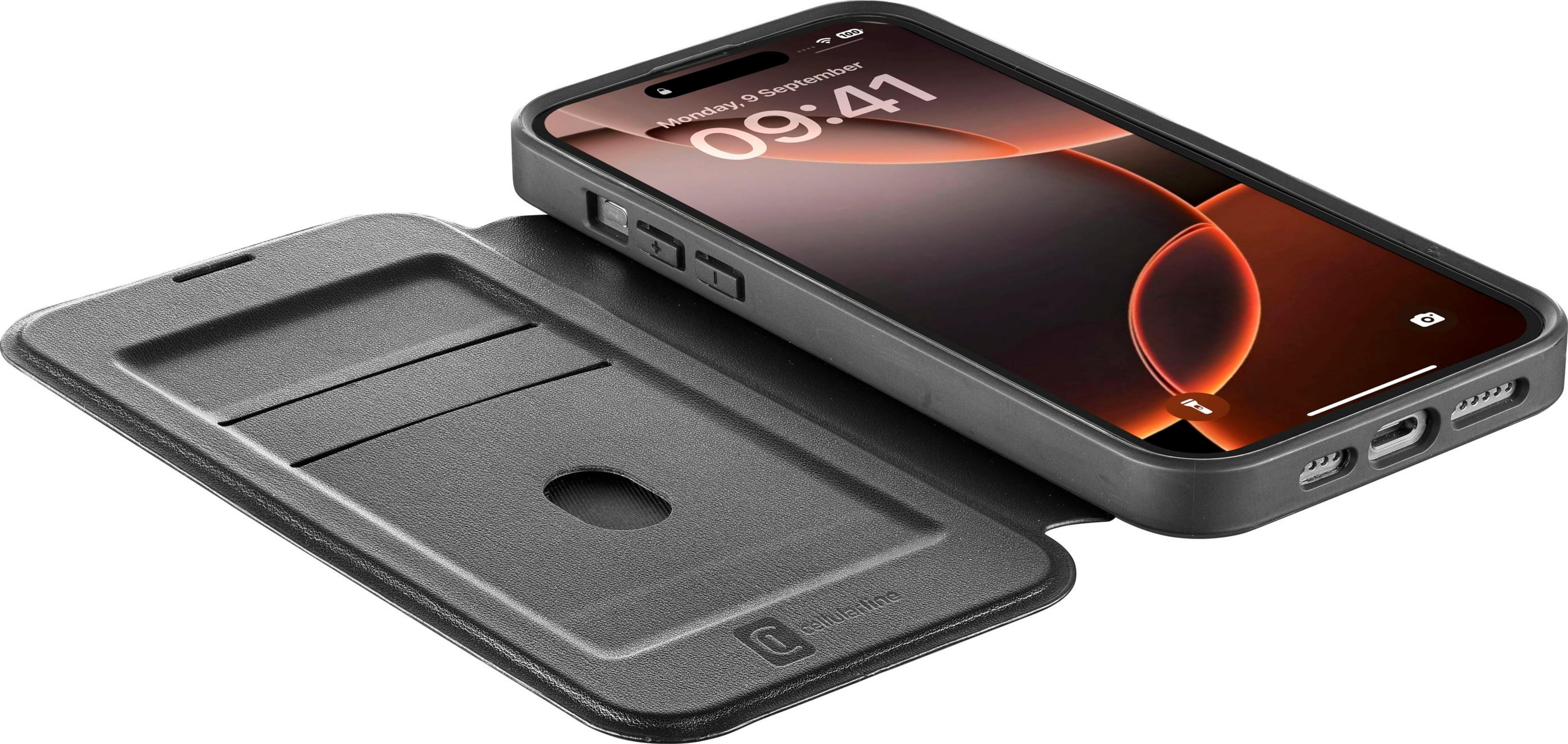 Schwarzes iPhone mit geöffnetem Buch-Ledercase und Uhrzeit 09:41.