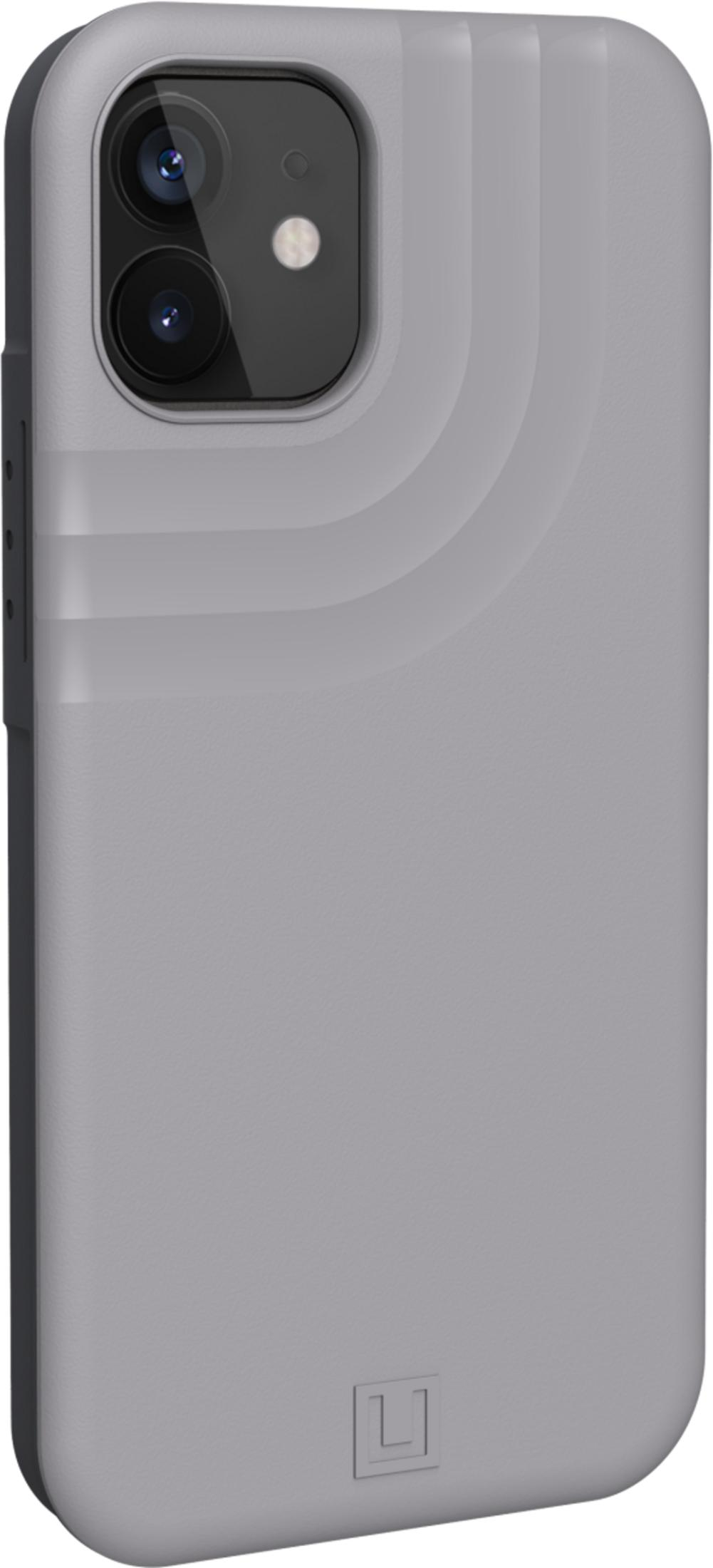 Graue iPhone-Hülle mit doppelter Kamera und Logo unten.