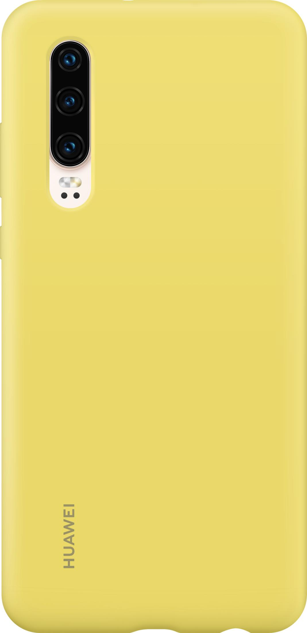 Gelbe Handyhülle mit drei Kameras und Huawei-Logo.