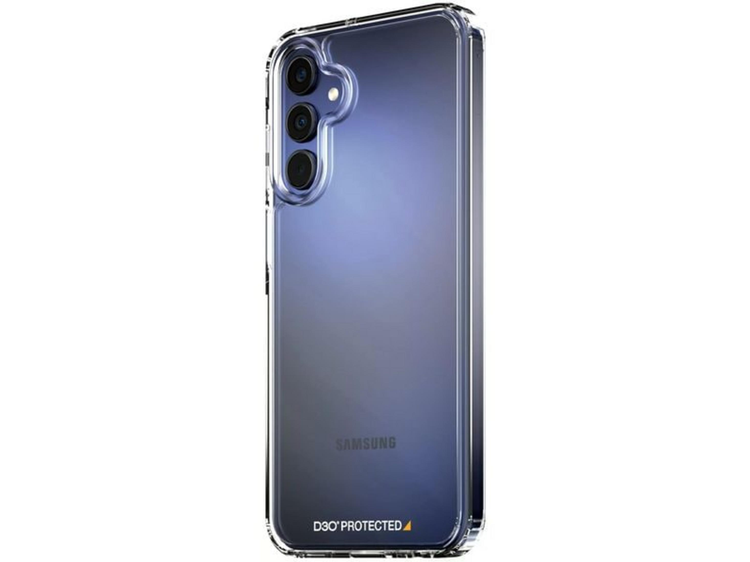 Custodia trasparente per telefono con tre fotocamere e logo Samsung.