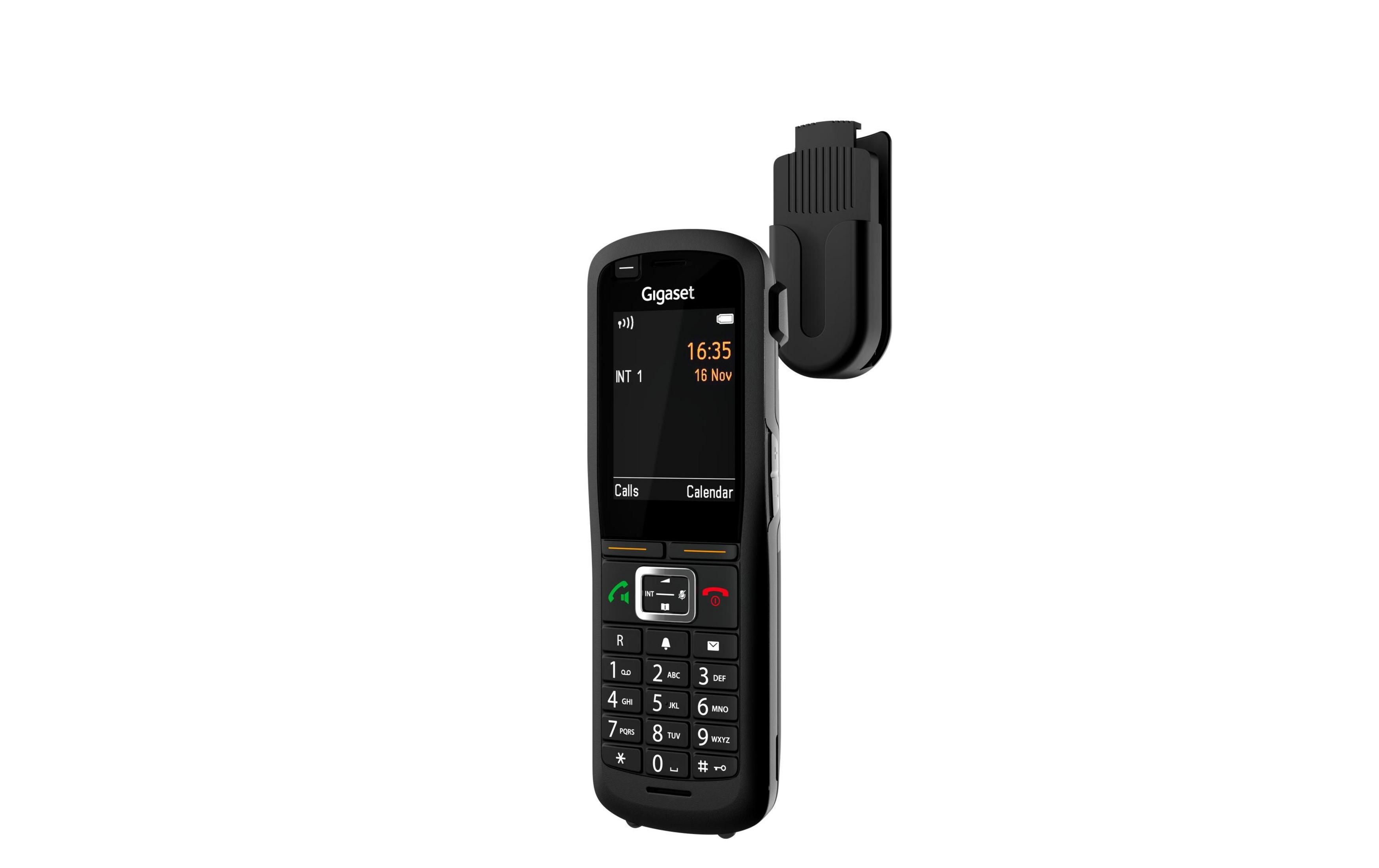 Un telefono cordless nero con clip, su sfondo bianco.