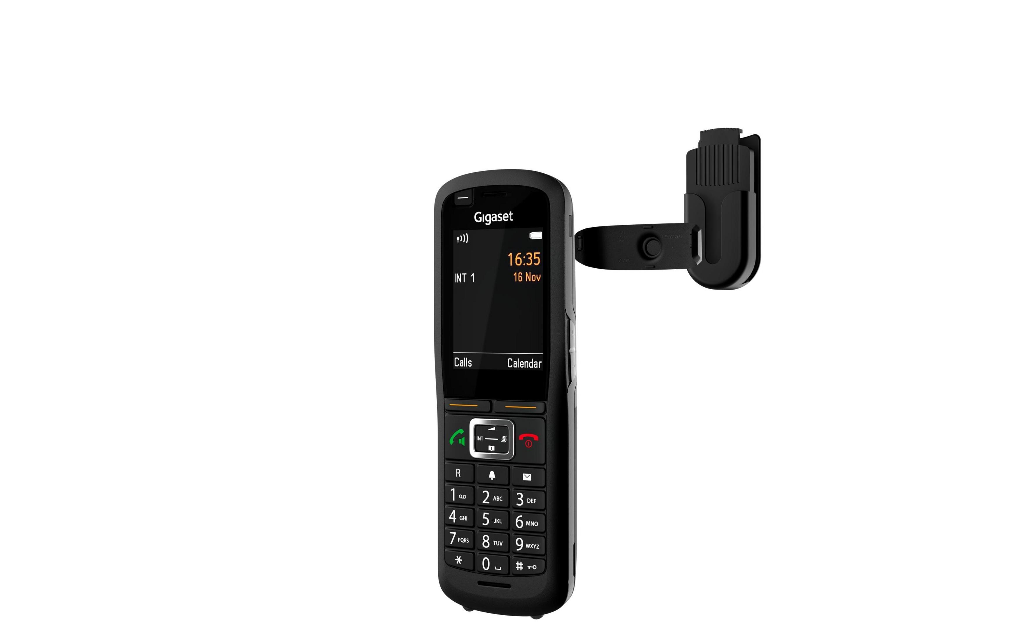 Un telefono Gigaset nero con supporto, che mostra ora e data sullo schermo.