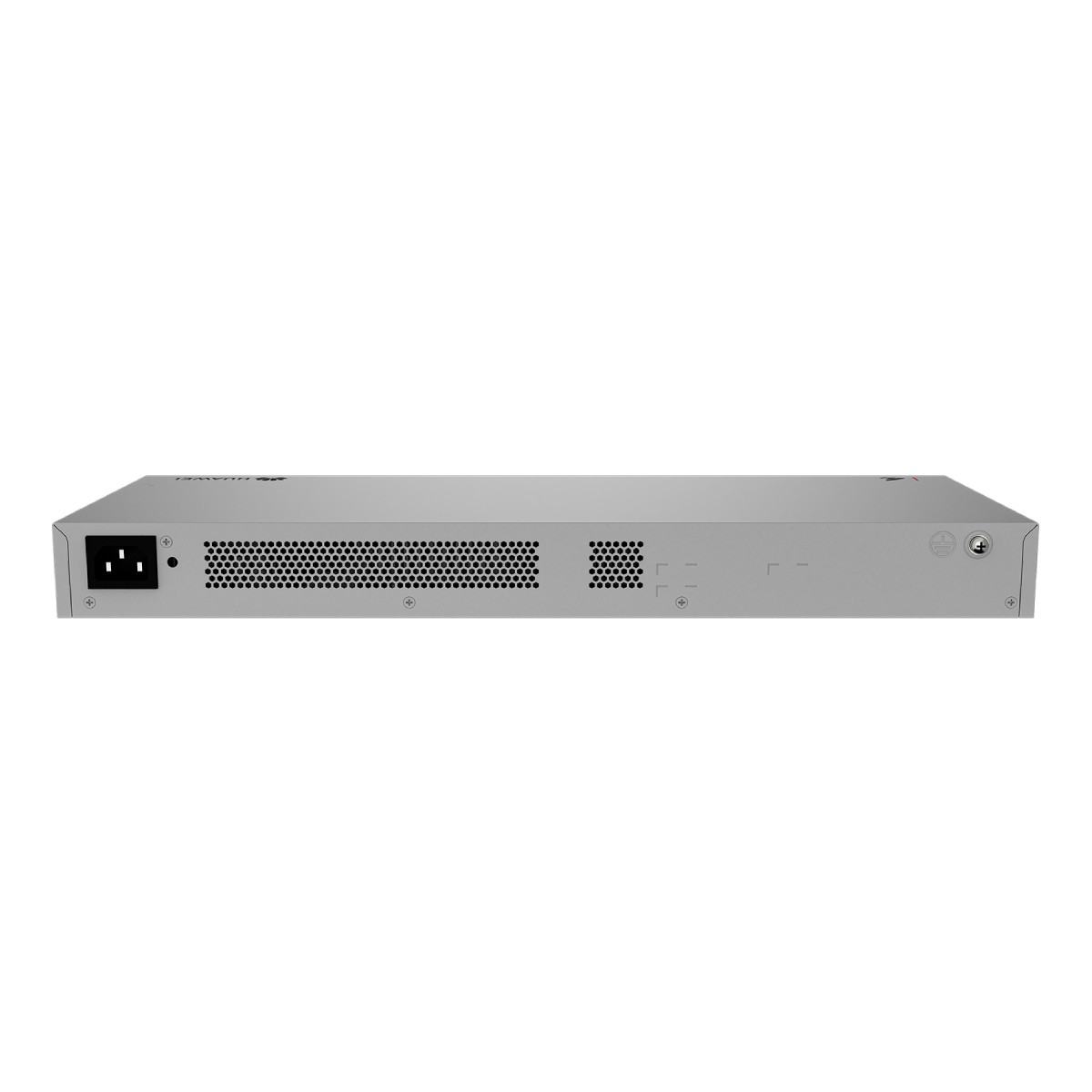 Dispositivo gris de montaje en rack con entrada de corriente y rejillas.