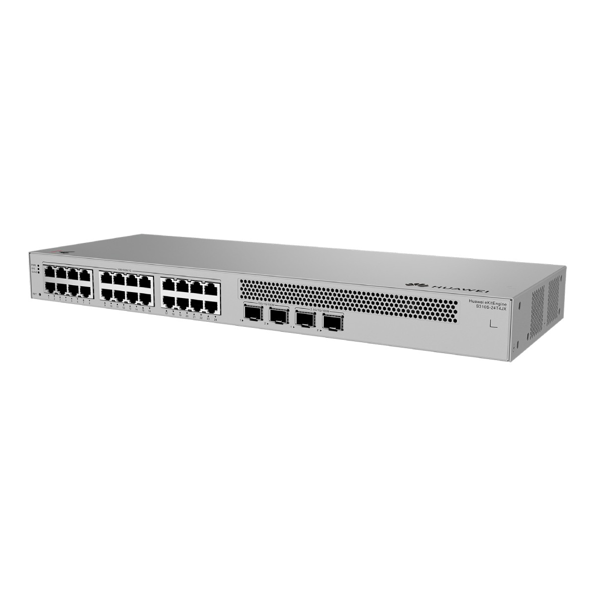 Un dispositivo switch de red Huawei plateado con muchos puertos al frente.