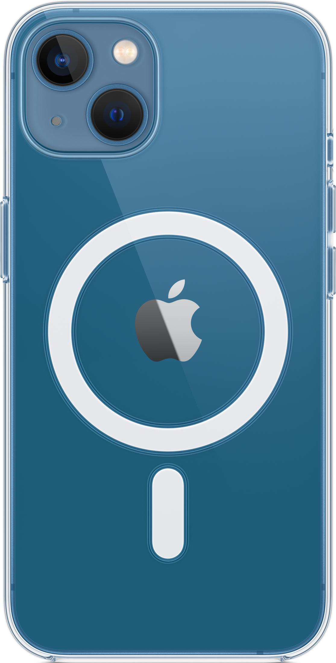 Custodia blu per iPhone con logo Apple e anello MagSafe.