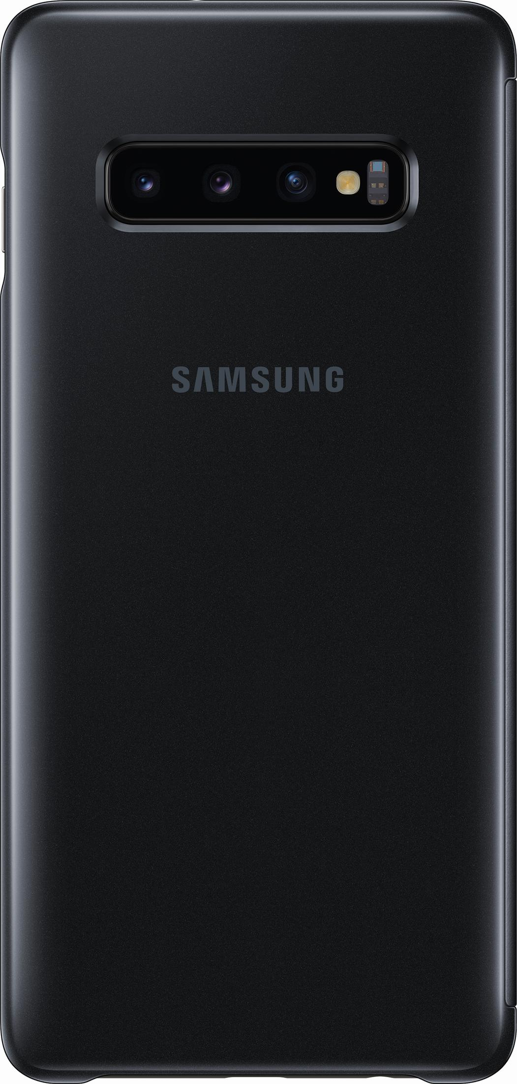 Schwarzes Samsung Handy mit drei Kameralinsen und Blitz auf der Rückseite.