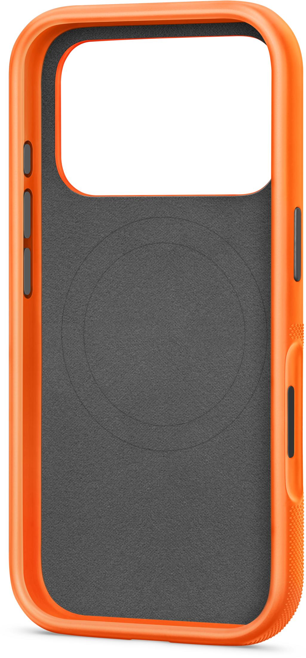 Pomarańczowe etui z czarną wyściółką i bocznymi przyciskami.