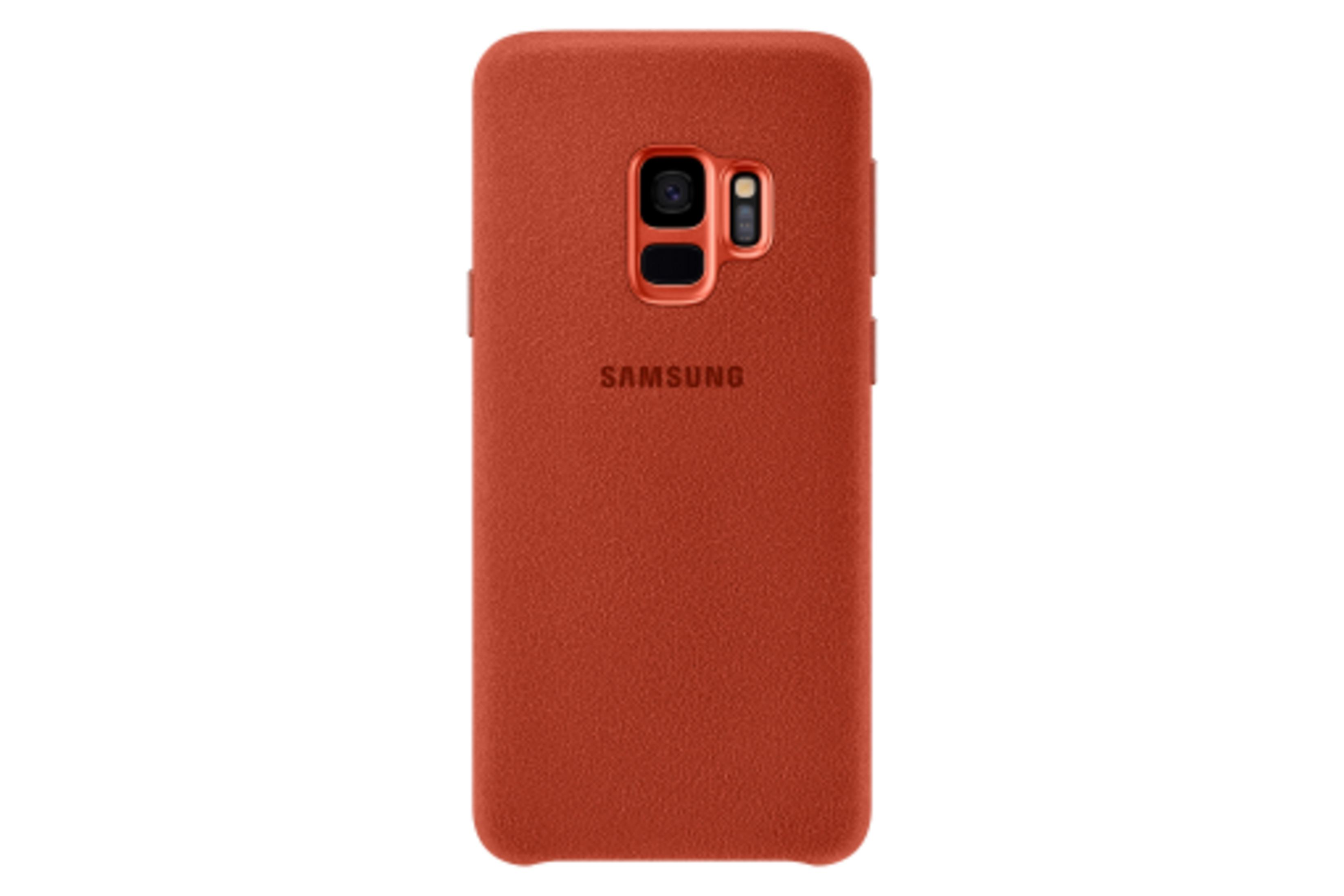 Una custodia per telefono arancione con logo Samsung e ritaglio fotocamera.