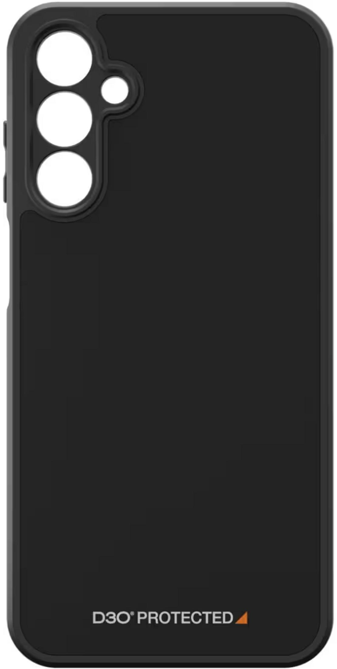 Custodia nera per telefono con ritaglio tripla fotocamera in alto a sinistra.