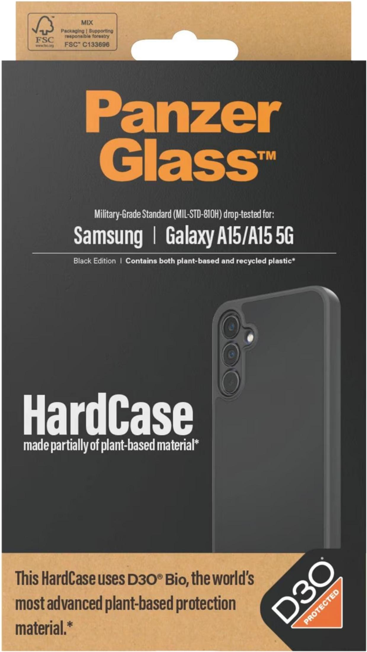 Custodia PanzerGlass per Samsung Galaxy A15/A15 5G, nera, materiali vegetali.
