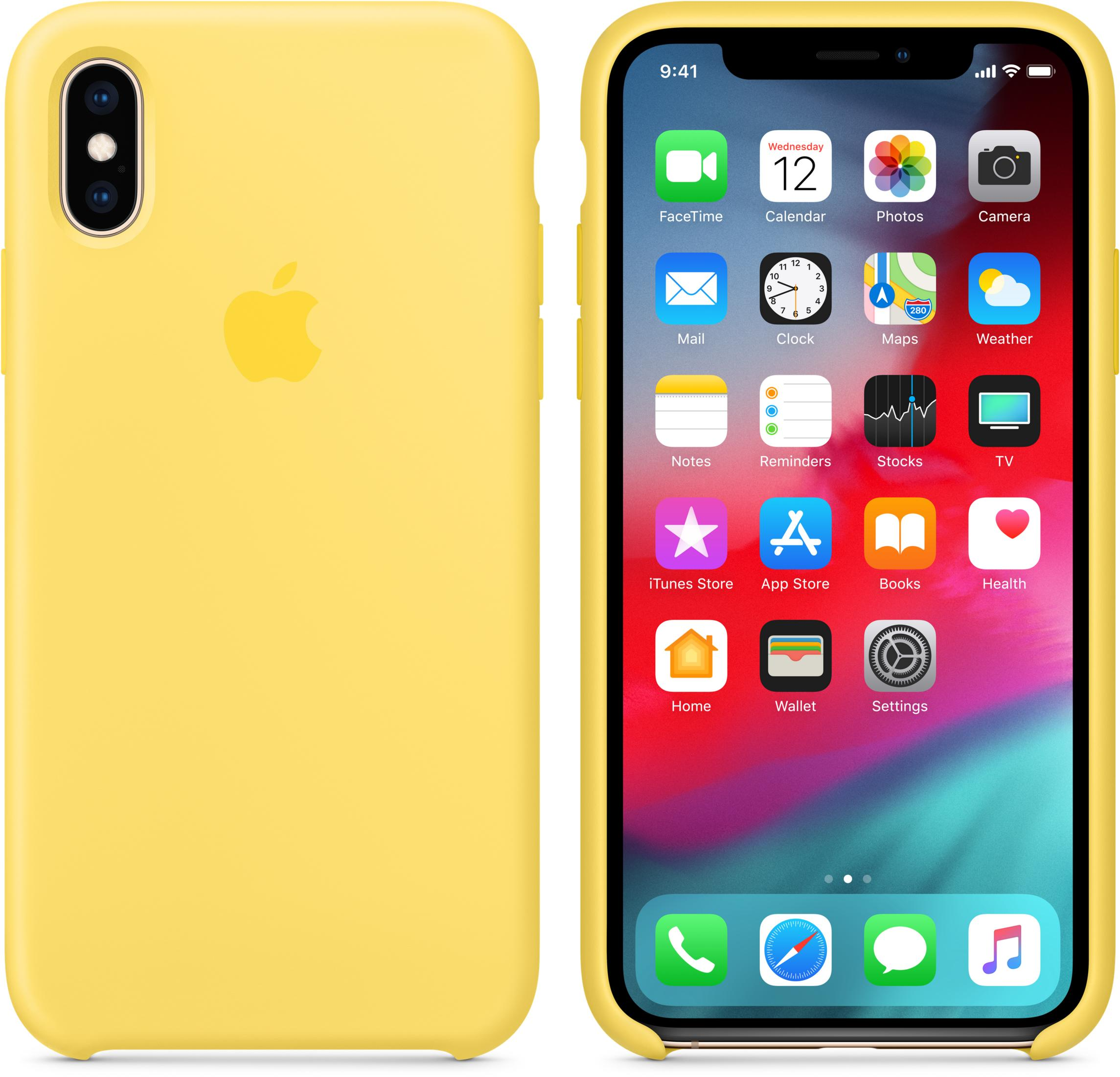 Ein gelbes iPhone im Querformat mit zwei Ansichten. Links, die Rückseite mit Kamera und Logo. Rechts, die Vorderseite mit gesperrtem Bildschirm.
