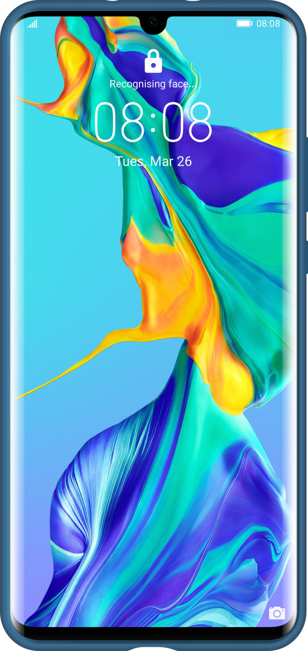 Motivi astratti blu, gialli e verdi su schermo di smartphone. Ora 08:08.