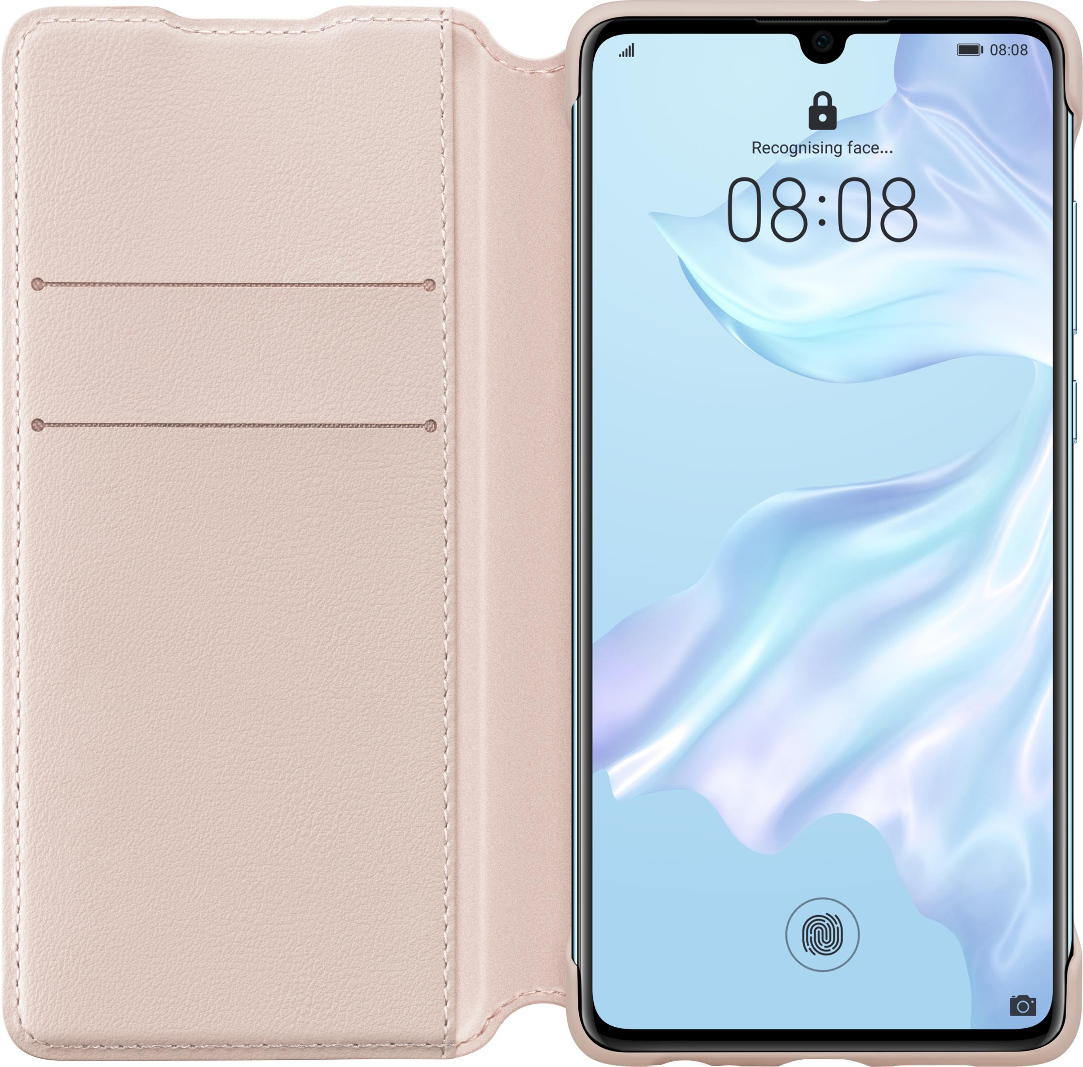 Ein hellrosa Handy-Flipcase liegt offen daneben ein Smartphone mit entsperrtem Bildschirm.