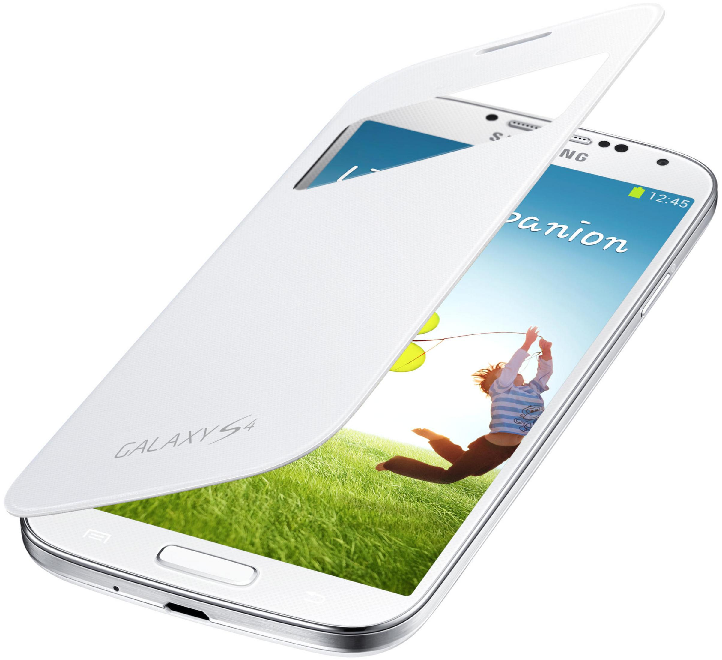 Un Samsung Galaxy S4 bianco con un bambino che salta con palloncini.