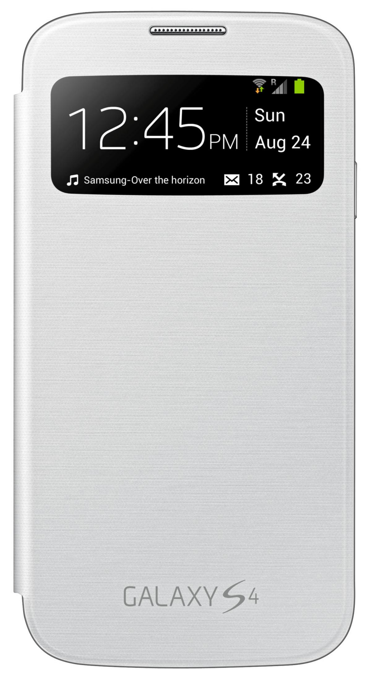 Un Samsung Galaxy S4 bianco con cover a flip. L'ora  12:45.