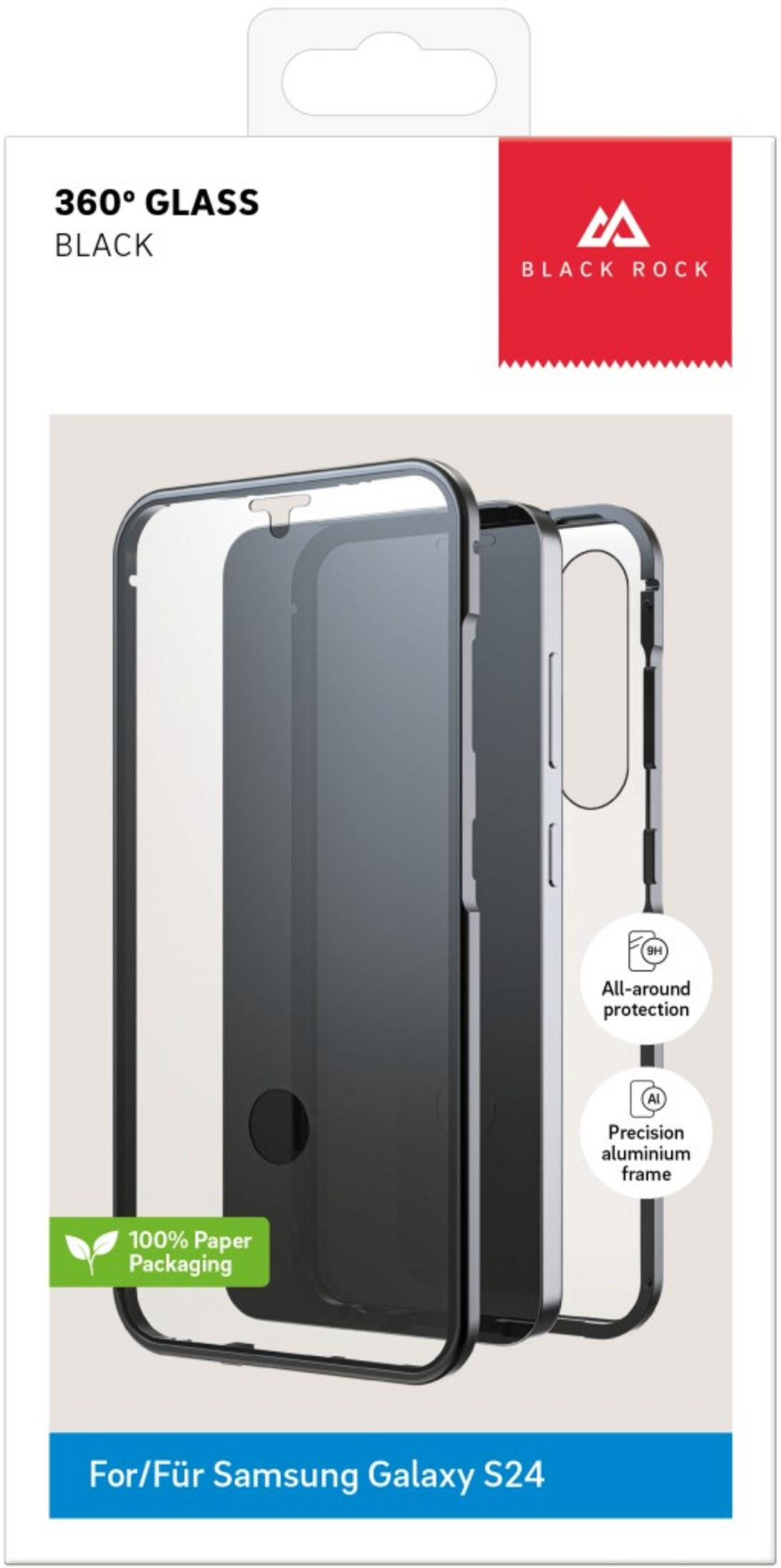 Custodia nera in vetro 360° per Samsung Galaxy S24 con telaio in alluminio.