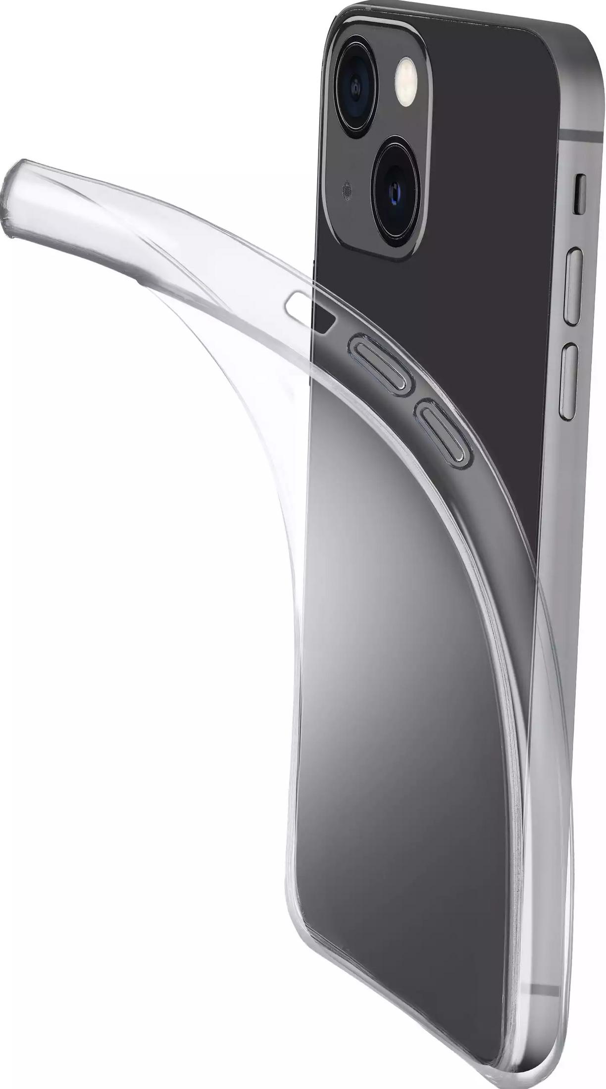 Custodia trasparente su smartphone scuro, sfondo bianco.