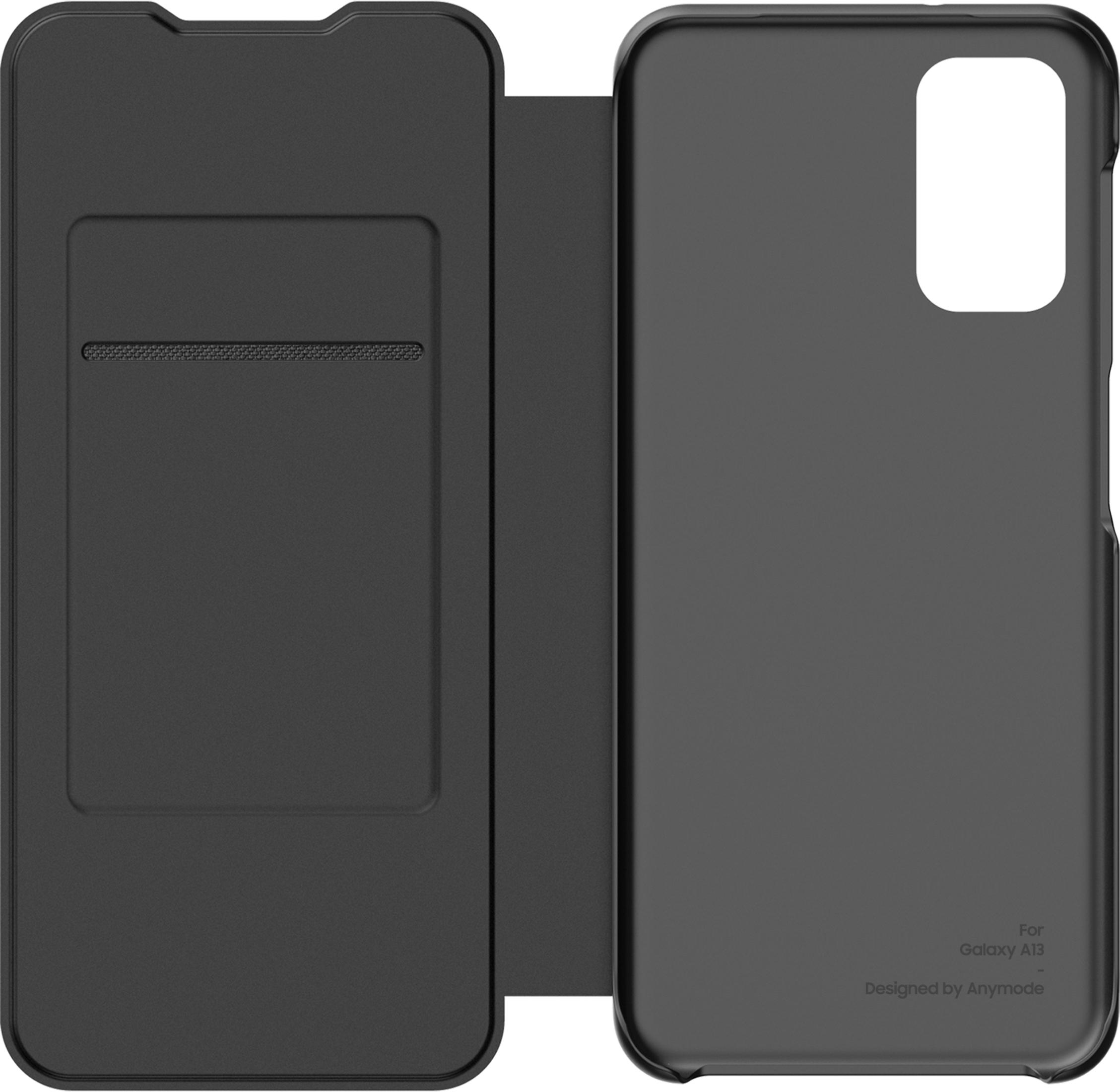 Funda tipo libro negra para Galaxy A13 con ranura para tarjeta y corte para cámara.