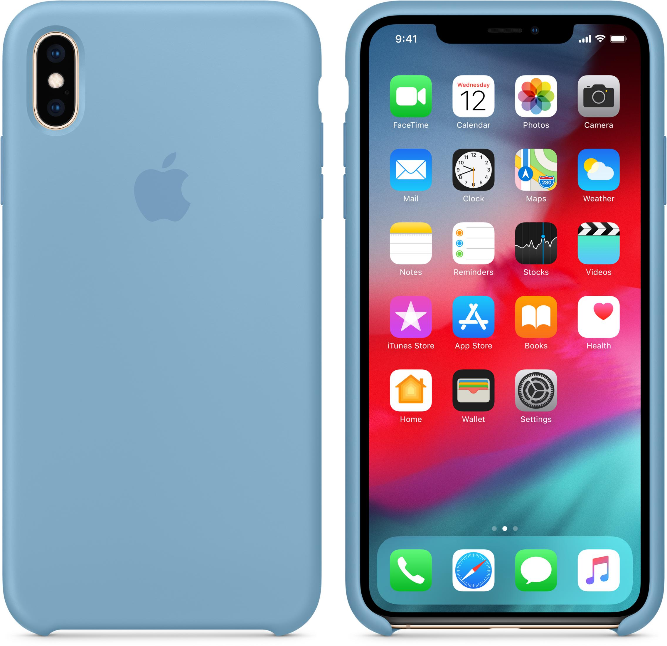 Ein hellblaues iPhone mit einem blauen Gehäuse und dem geöffneten Startbildschirm.