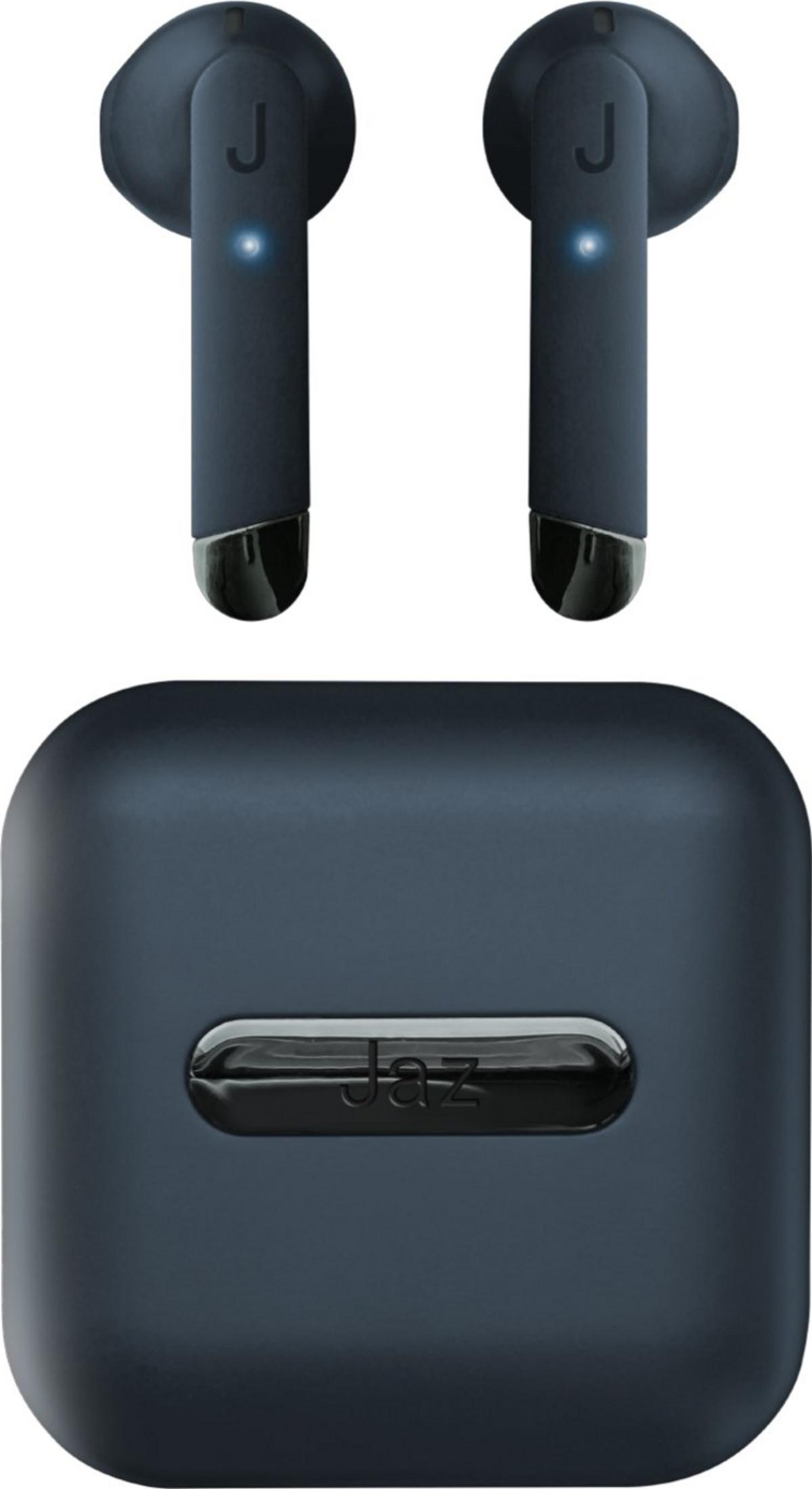 Auricolari wireless blu scuro con custodia di ricarica, logo J e luce blu.