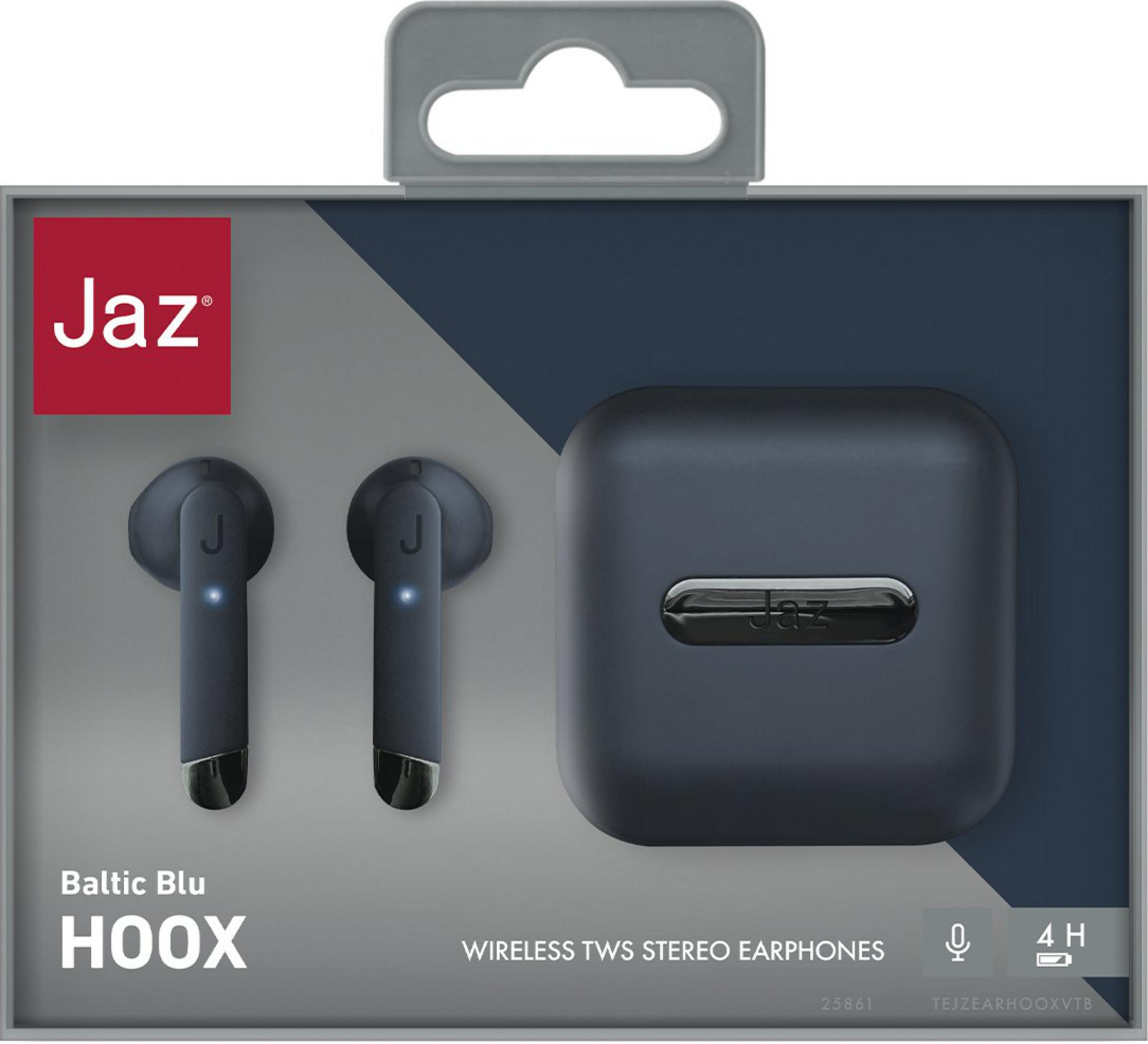 Auricolari wireless Jaz HOOX Baltic Blu con custodia di ricarica sulla confezione.