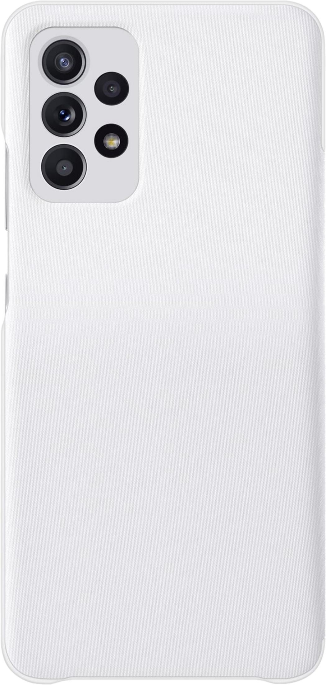 Funda blanca para teléfono con módulo de cámara de cuatro lentes.