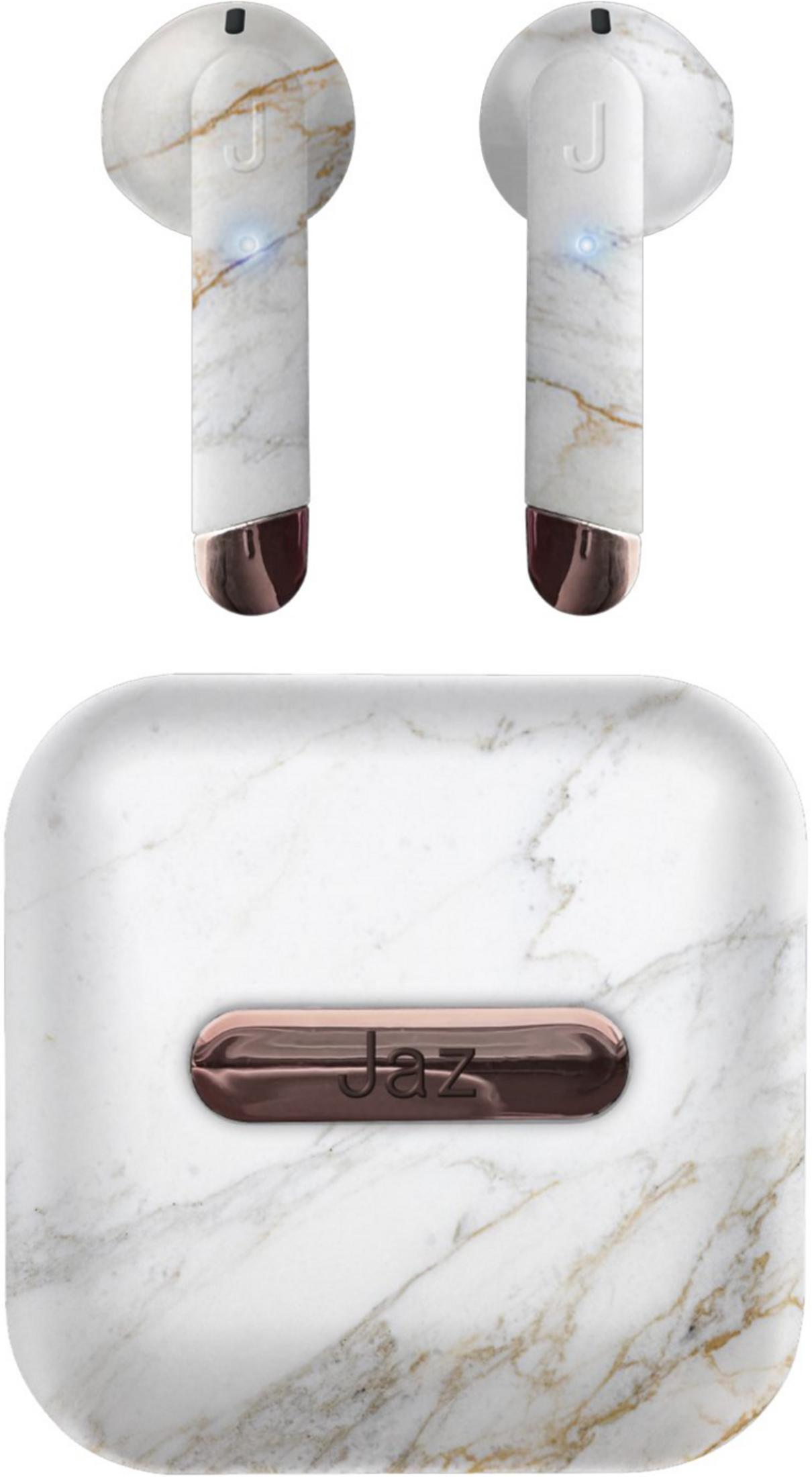 Auricolari e custodia di ricarica in marmo bianco con accenti oro rosa.