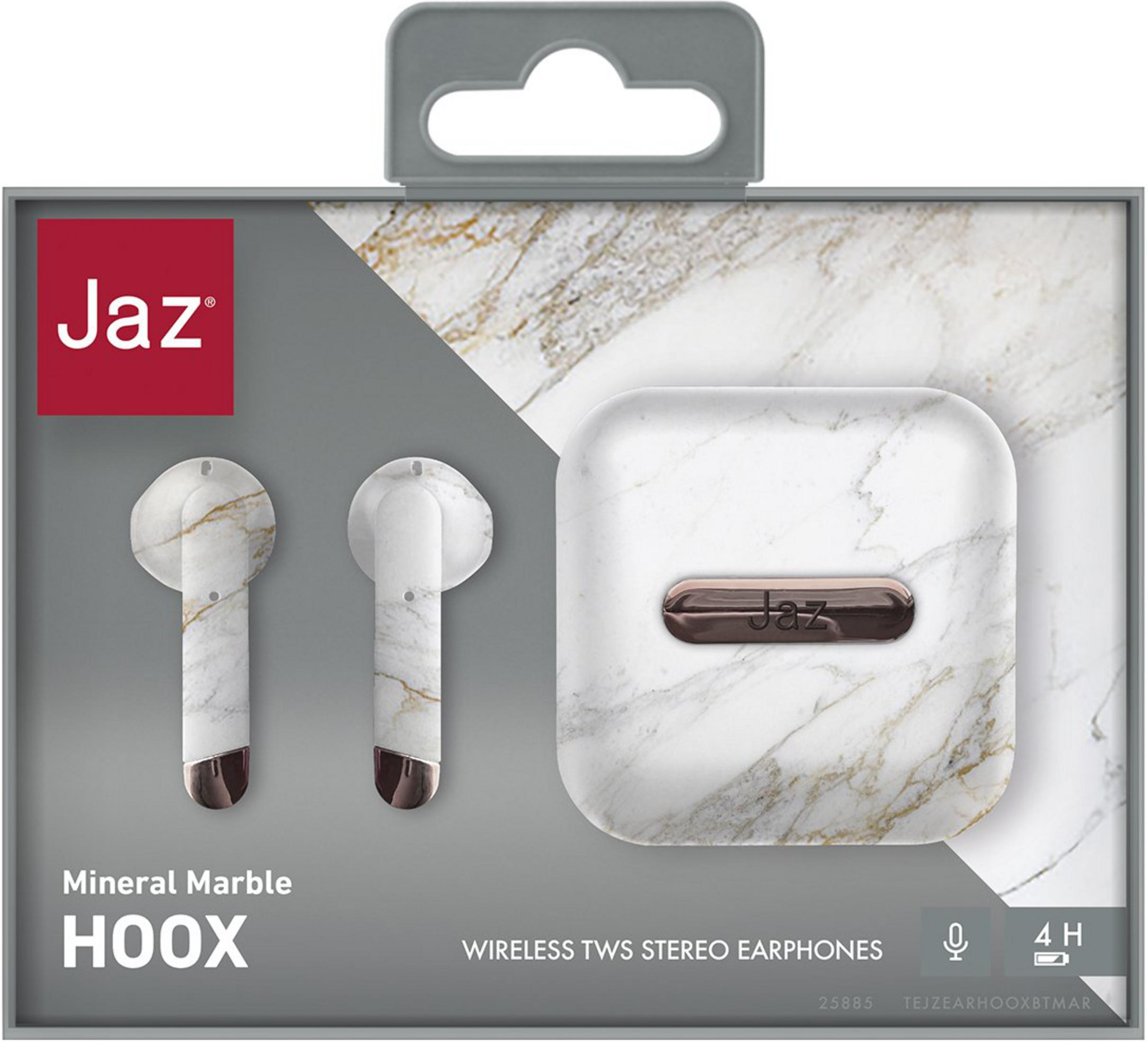 Confezione di auricolari stereo wireless Jaz HOOX con design marmorizzato.