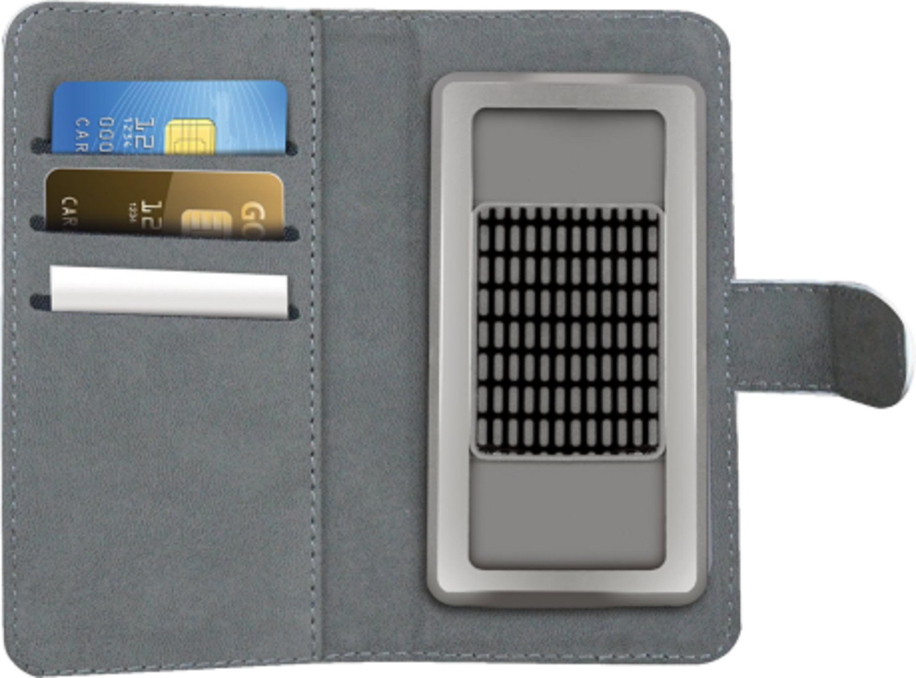 Custodia a portafoglio grigia con slot per carte e supporto.