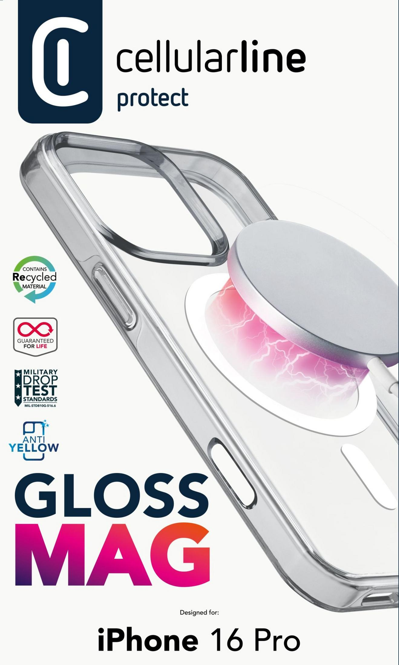 Custodia trasparente per iPhone 16 Pro con logo di ricarica magnetica. Include materiale riciclato, garanzia a vita.