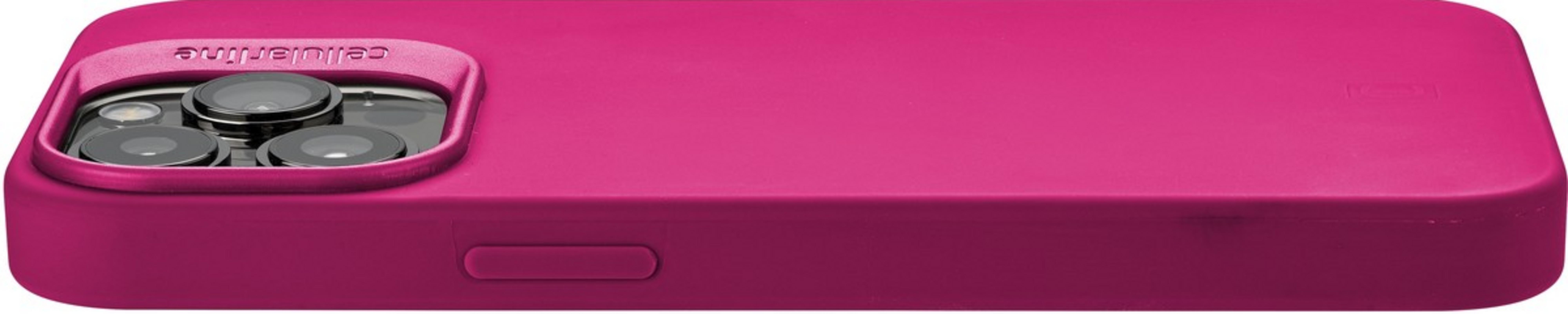Una custodia rosa per telefono con ritaglio fotocamera e pulsante laterale.