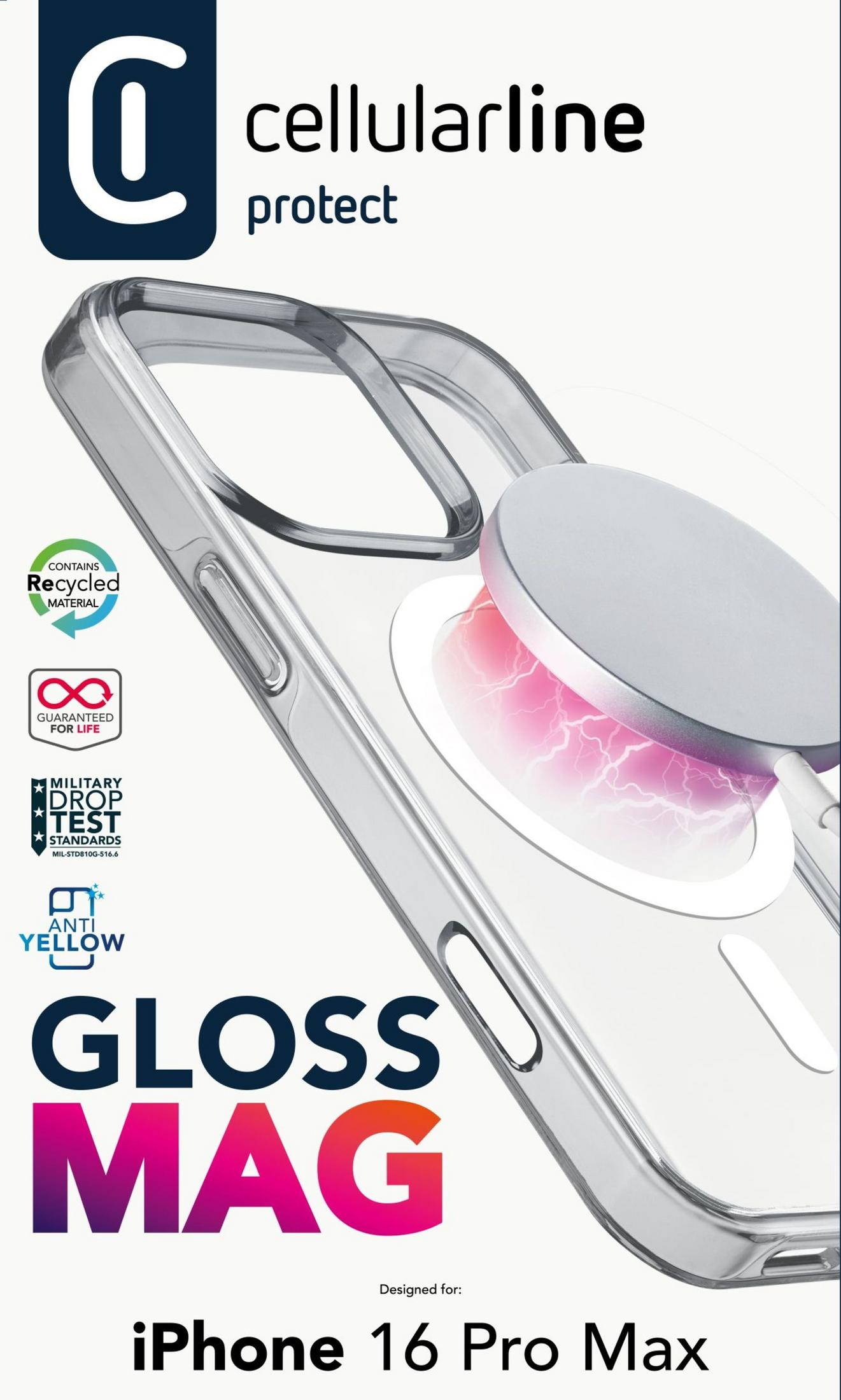 Cover trasparente iPhone 16 Pro Max con testo 'Gloss Mag' e ricarica magnetica.