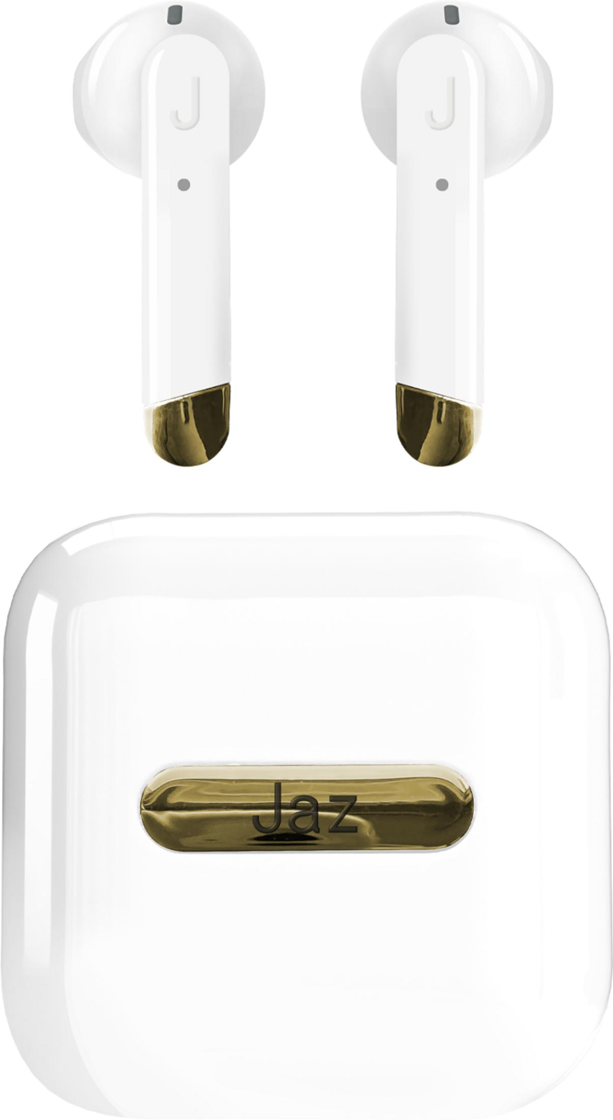 Auricolari wireless bianchi con accenti dorati e custodia di ricarica.