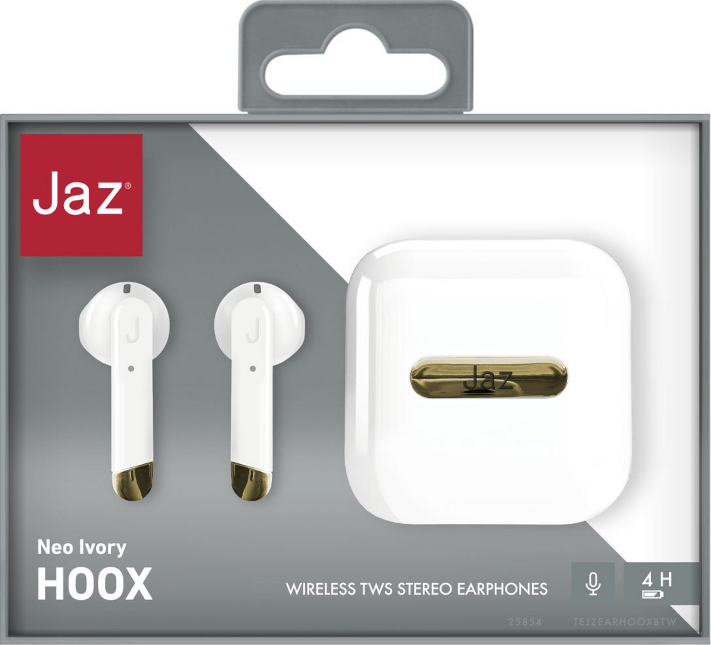 Confezione per auricolari TWS Jaz HOOX bianchi con accenti dorati.