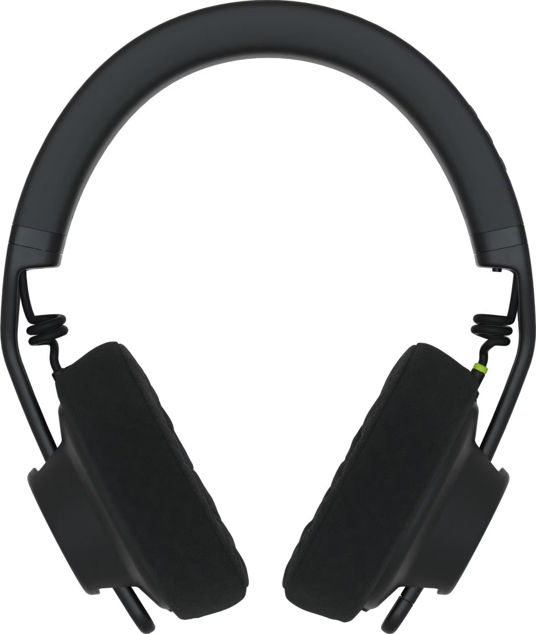 Schwarze Kopfhörer mit gepolsterten Ohrmuscheln und spiralförmigem Kabel.